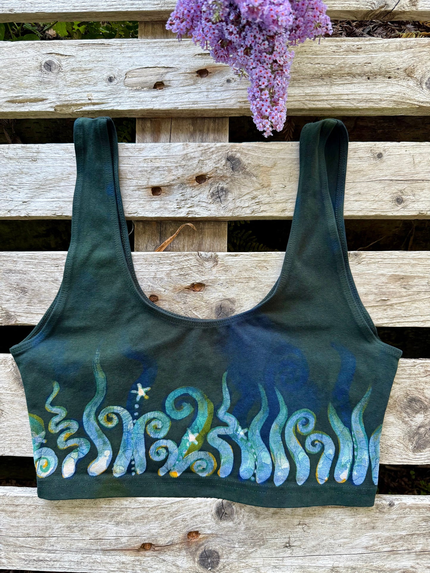 Hand-Painted Batik Sports Bra – Forest Green Wild Grass Design (Size Large) Batikwalla by Victoria Large