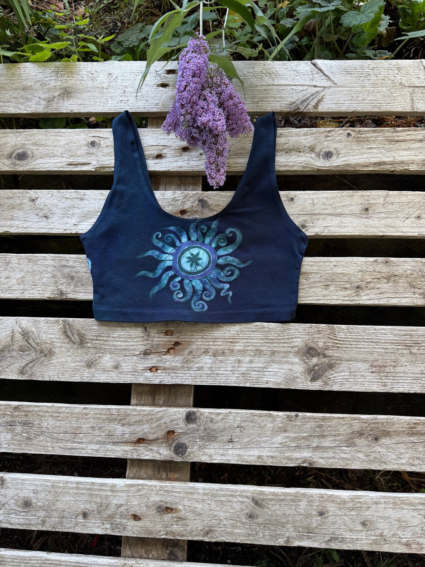 Reversible Batik Sports Bra – Navy Celestial Sun & Moon Crop Top in Teal & Purple Batikwalla by Victoria