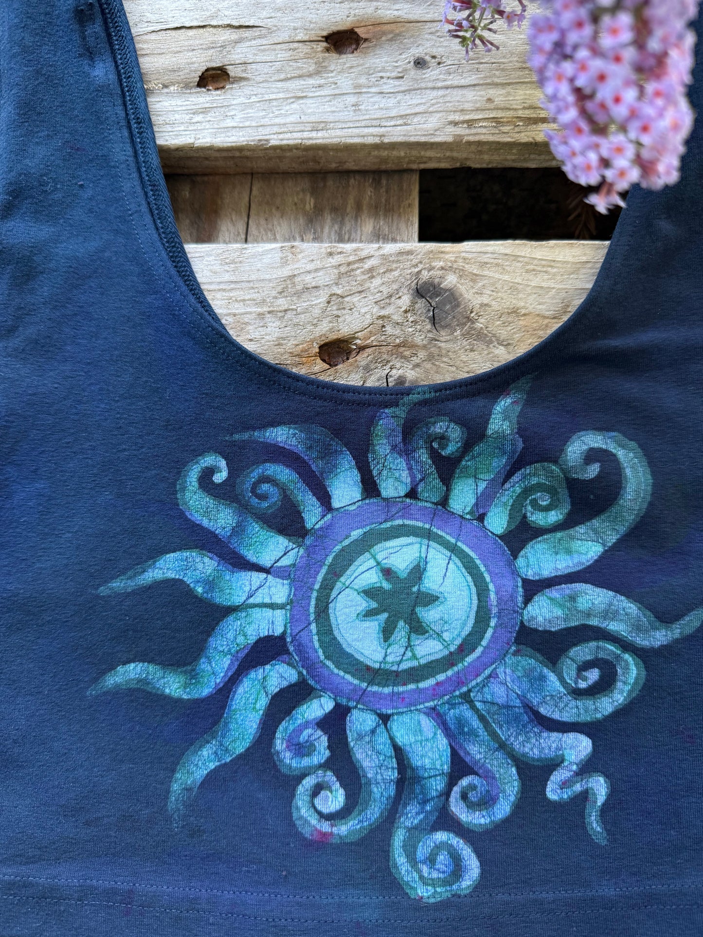 Reversible Batik Sports Bra – Navy Celestial Sun & Moon Crop Top in Teal & Purple Batikwalla by Victoria
