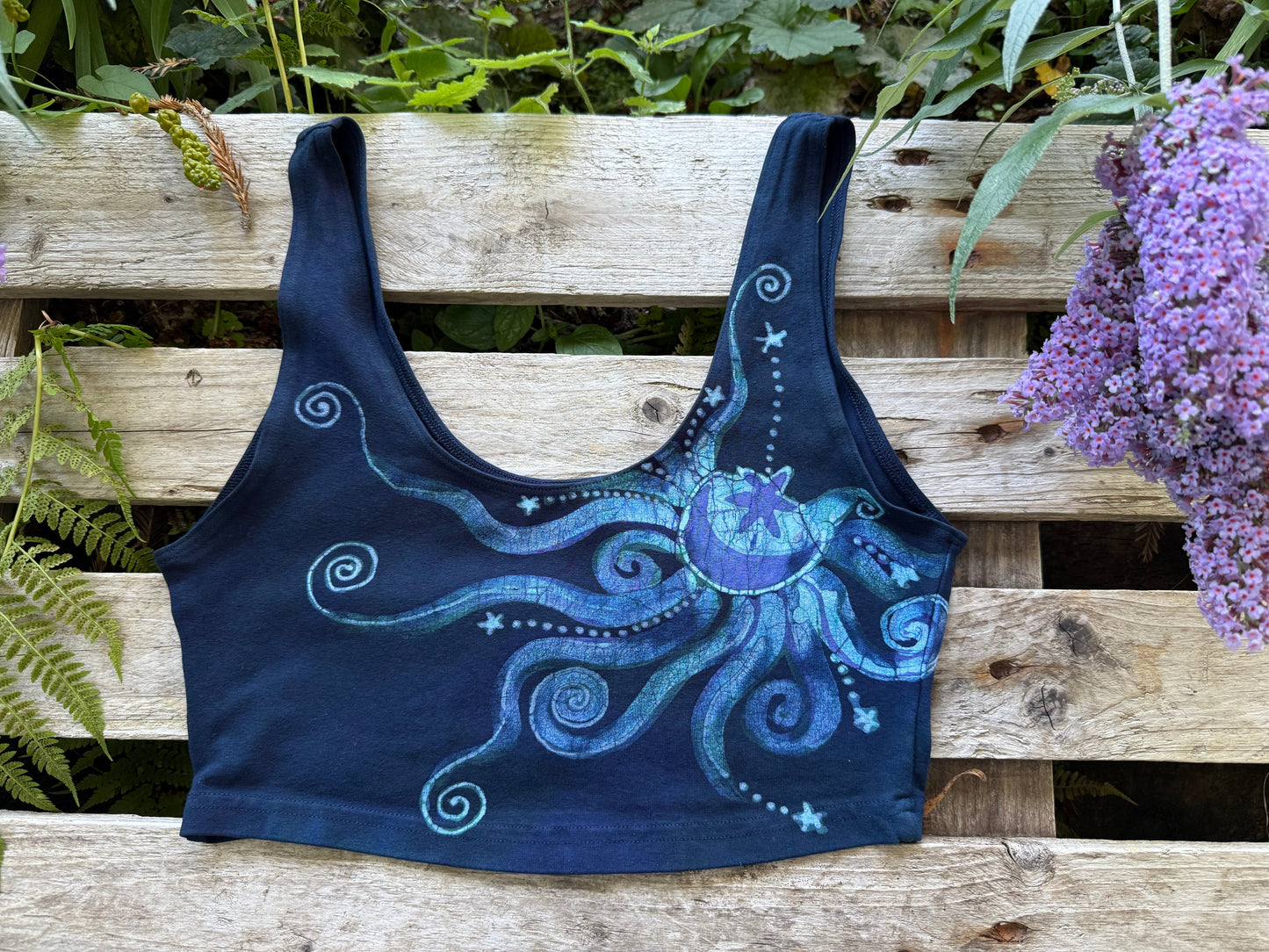 Reversible Batik Sports Bra – Navy Celestial Sun & Moon Crop Top in Teal & Purple Batikwalla by Victoria XL