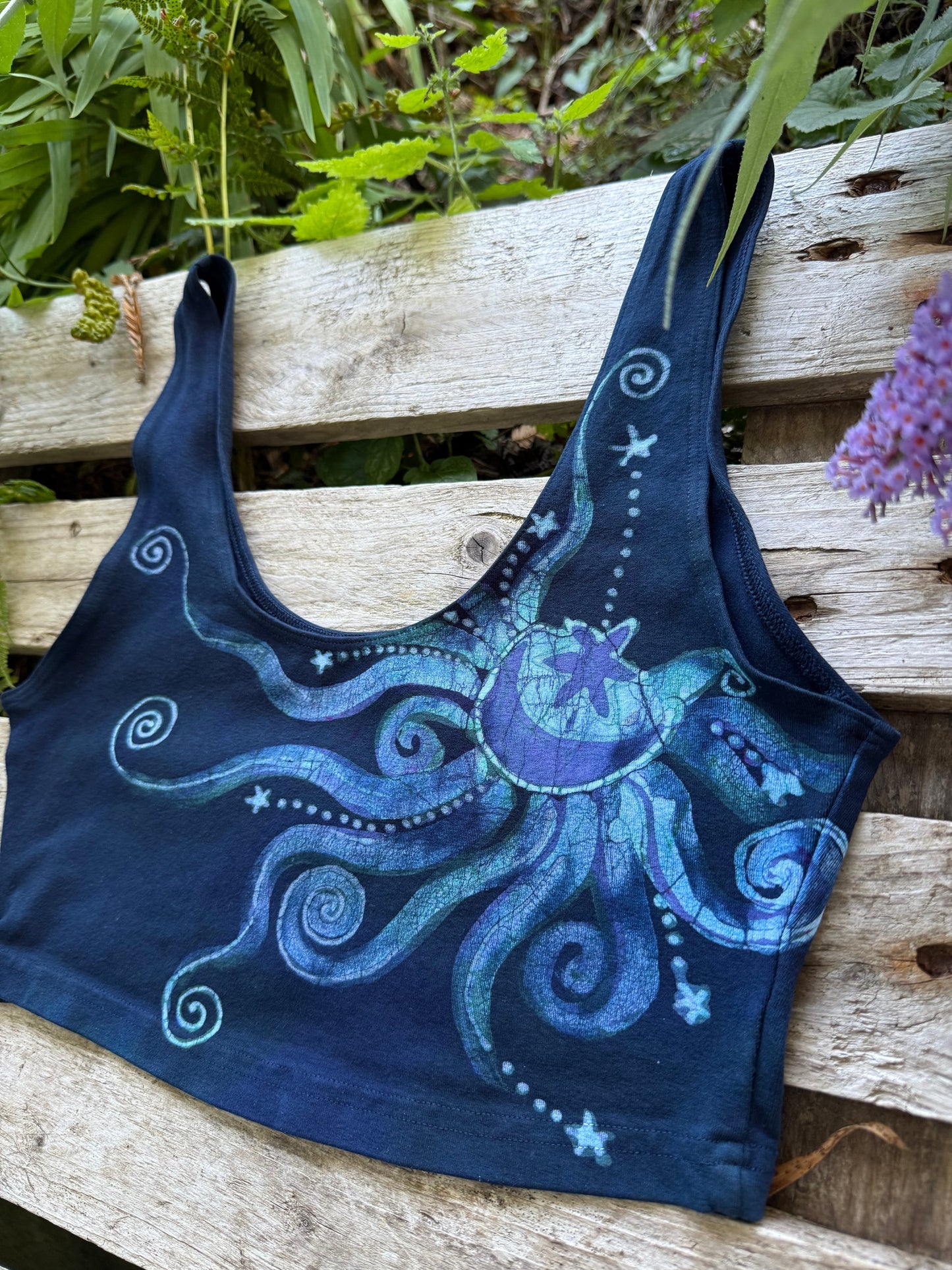 Reversible Batik Sports Bra – Navy Celestial Sun & Moon Crop Top in Teal & Purple Batikwalla by Victoria