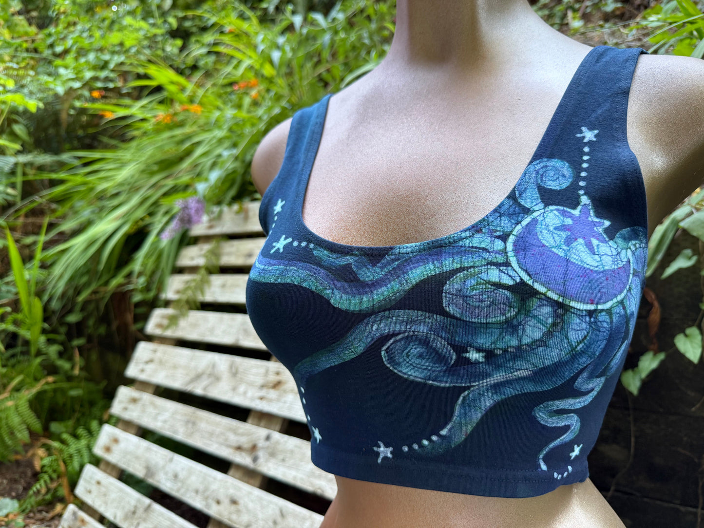 Reversible Batik Sports Bra – Navy Celestial Sun & Moon Crop Top in Teal & Purple Batikwalla by Victoria