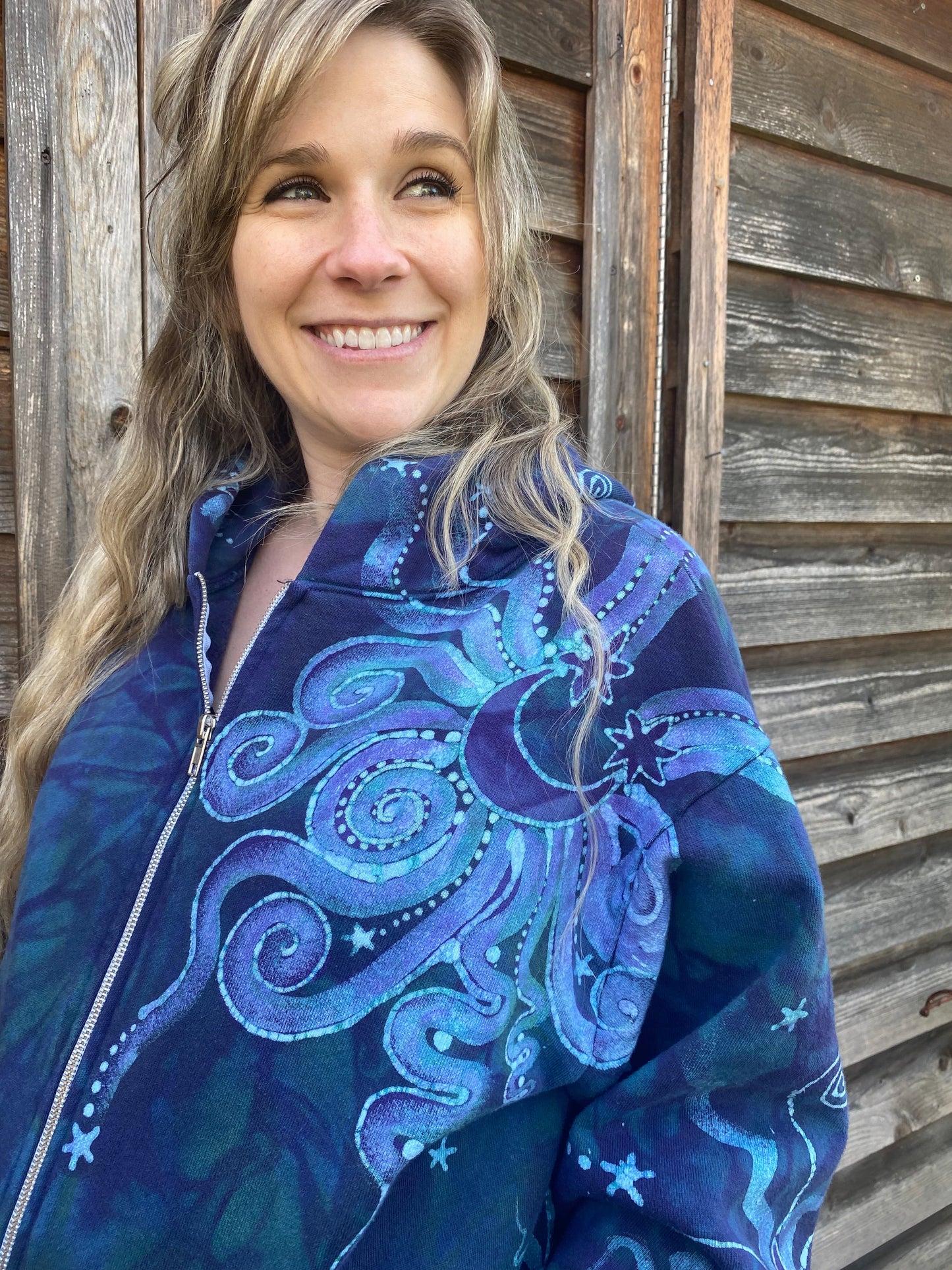 Teal and Purple Tree of Life Handcrafted Batik Zipper Hoodie - Size 2X hoodie batikwalla