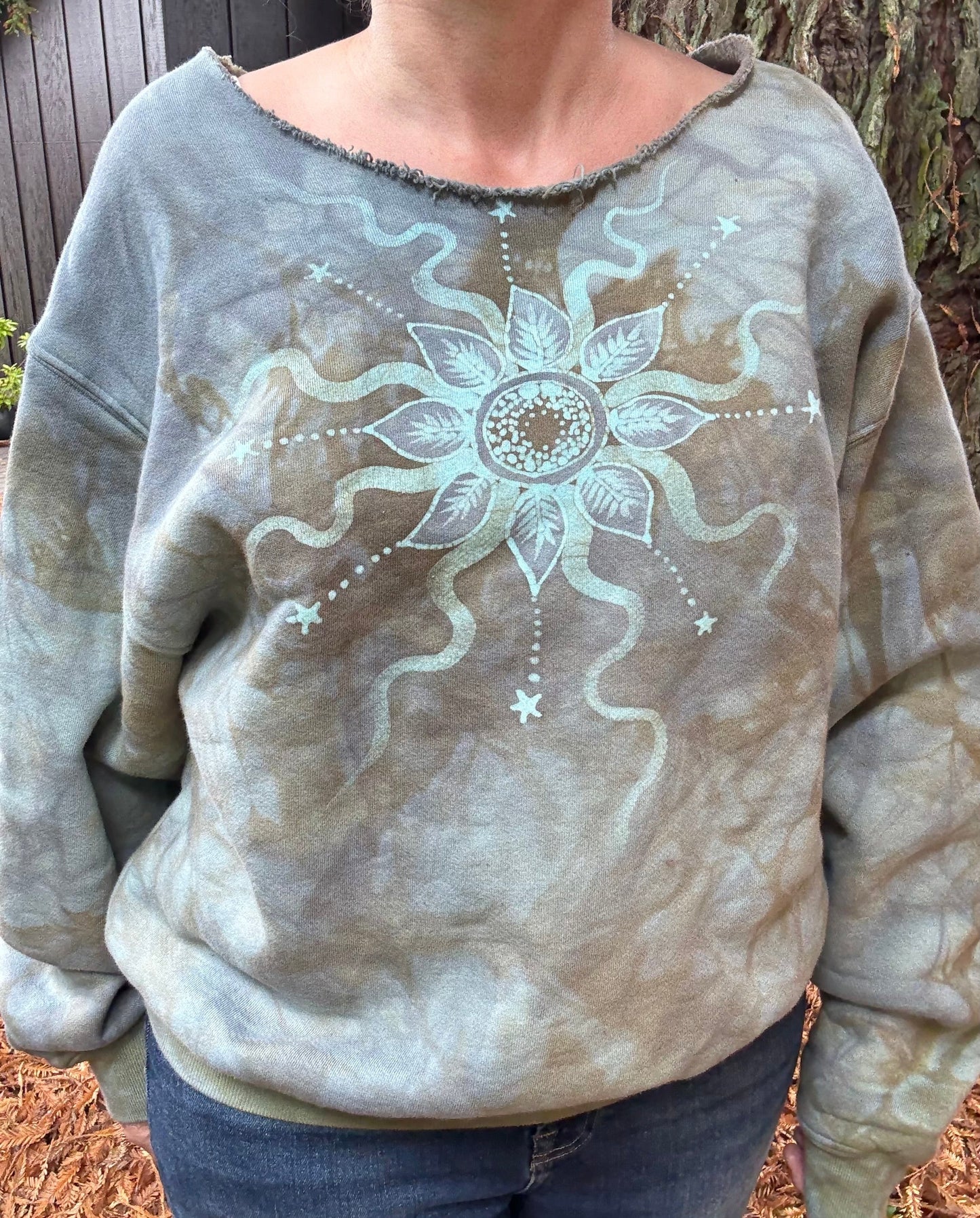 Stone Gray Sunleaf Mandala Puffy Crewneck Sweatshirt – Hand-Painted Batik with Moon & Stars Batikwalla by Victoria