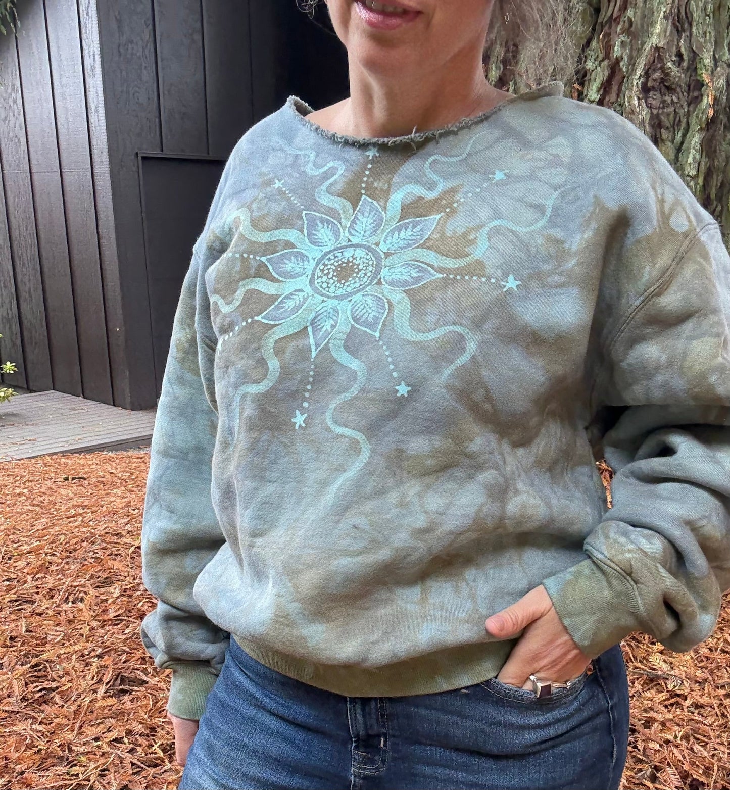 Stone Gray Sunleaf Mandala Puffy Crewneck Sweatshirt – Hand-Painted Batik with Moon & Stars Batikwalla by Victoria
