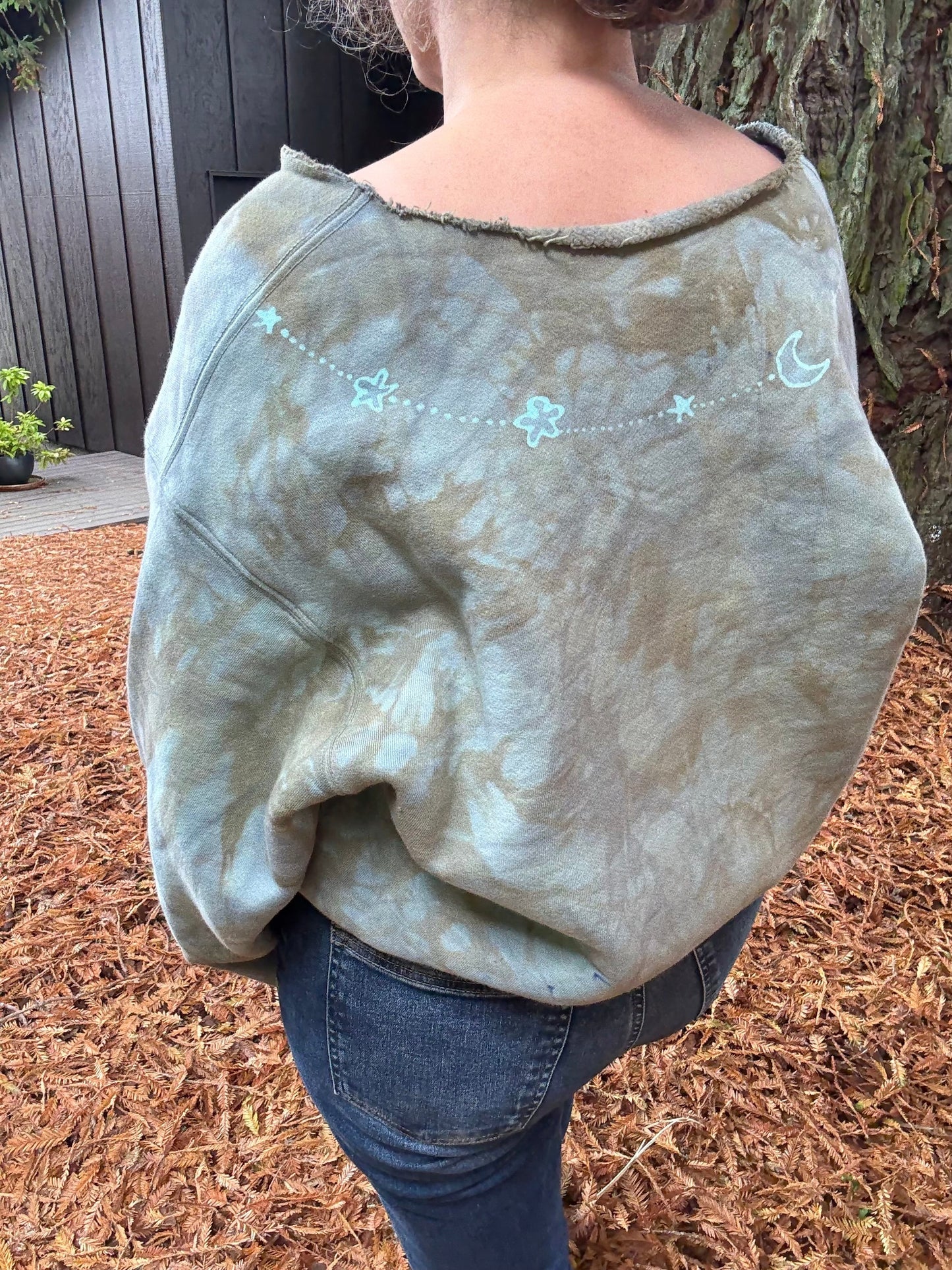 Stone Gray Sunleaf Mandala Puffy Crewneck Sweatshirt – Hand-Painted Batik with Moon & Stars Batikwalla by Victoria