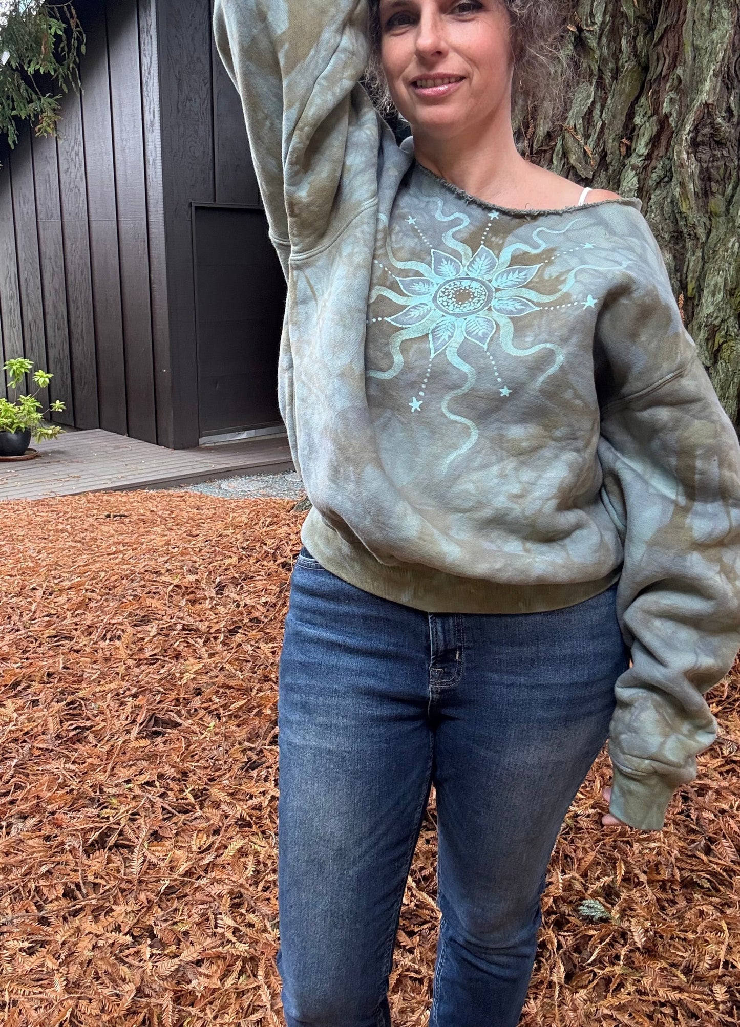 Stone Gray Sunleaf Mandala Puffy Crewneck Sweatshirt – Hand-Painted Batik with Moon & Stars Batikwalla by Victoria
