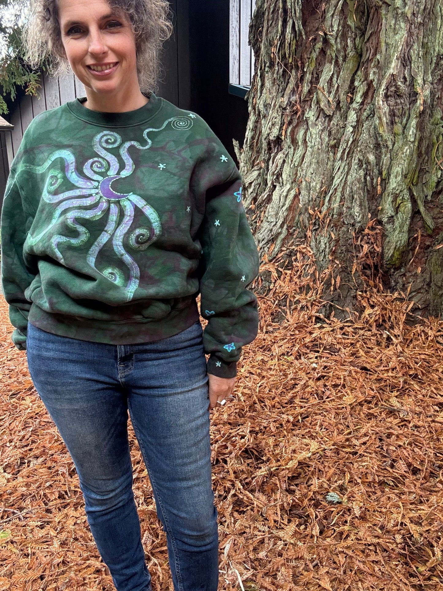 Teal Green and Purple Moon Puffy Crew Neck Sweatshirt Batikwalla by Victoria