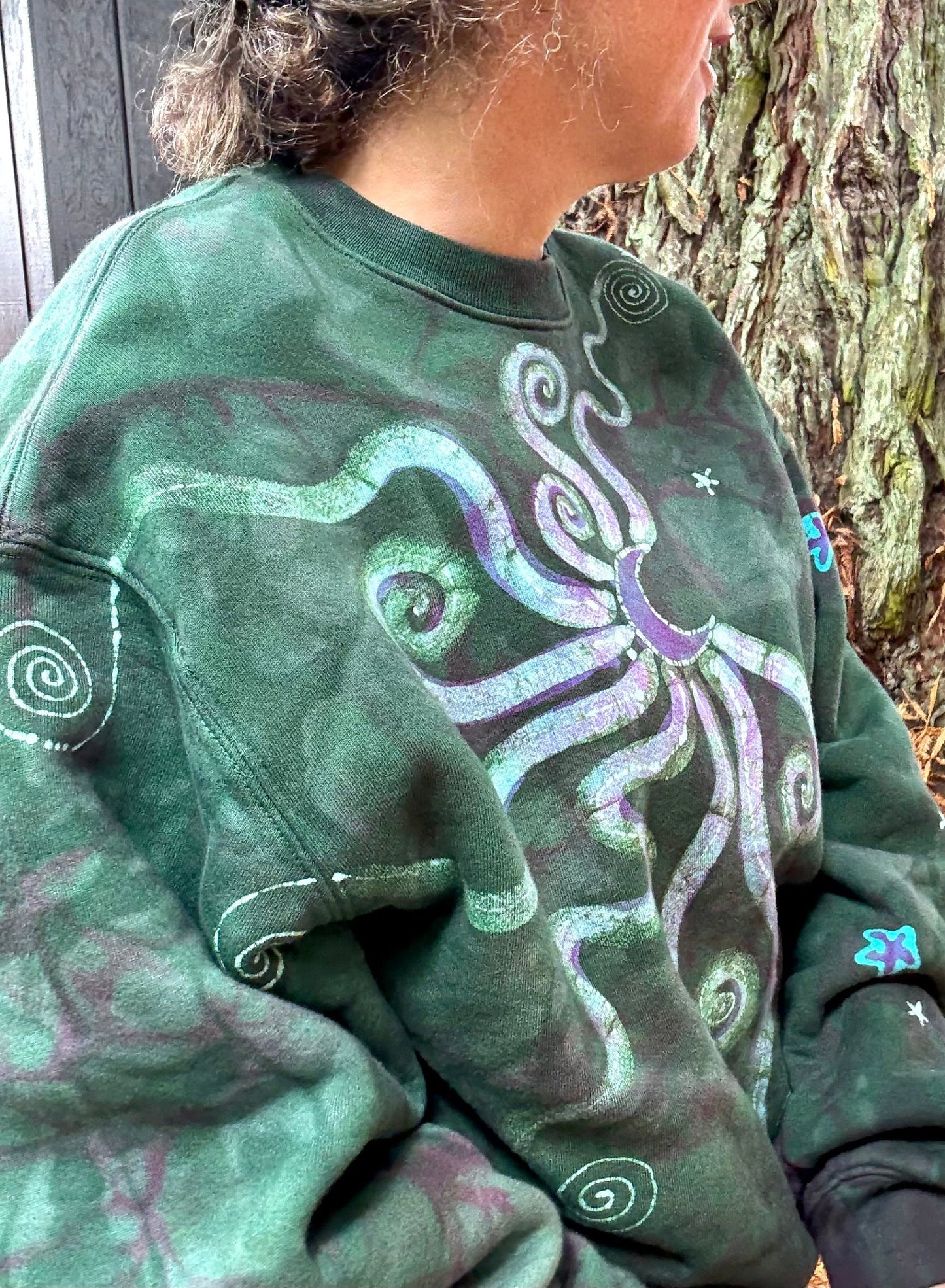 Teal Green and Purple Moon Puffy Crew Neck Sweatshirt Batikwalla by Victoria One size
