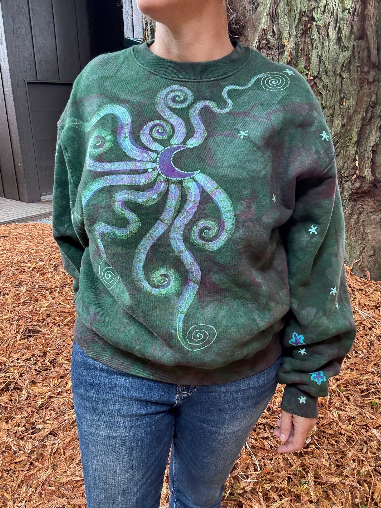 Teal Green and Purple Moon Puffy Crew Neck Sweatshirt Batikwalla by Victoria