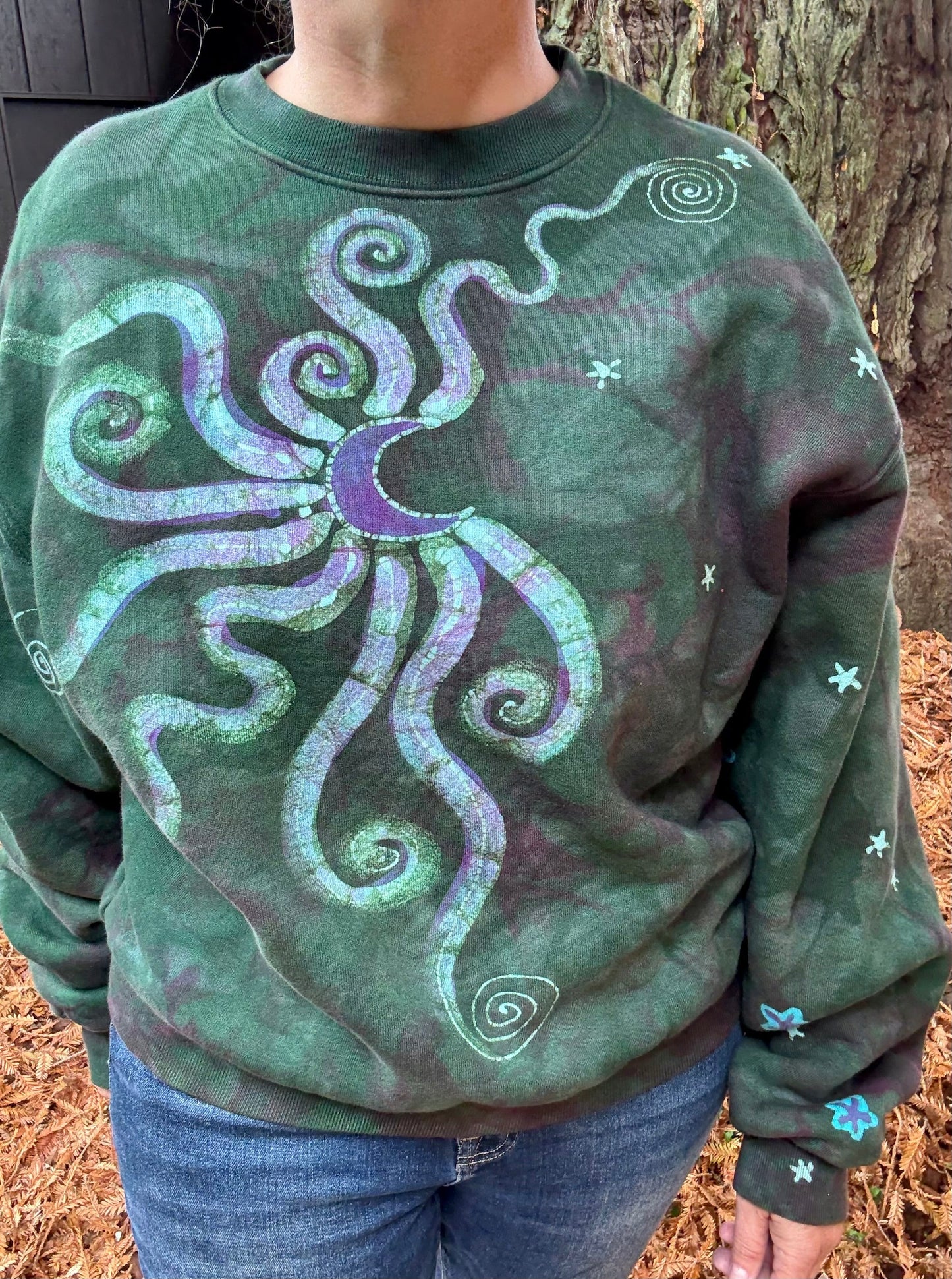 Teal Green and Purple Moon Puffy Crew Neck Sweatshirt Batikwalla by Victoria