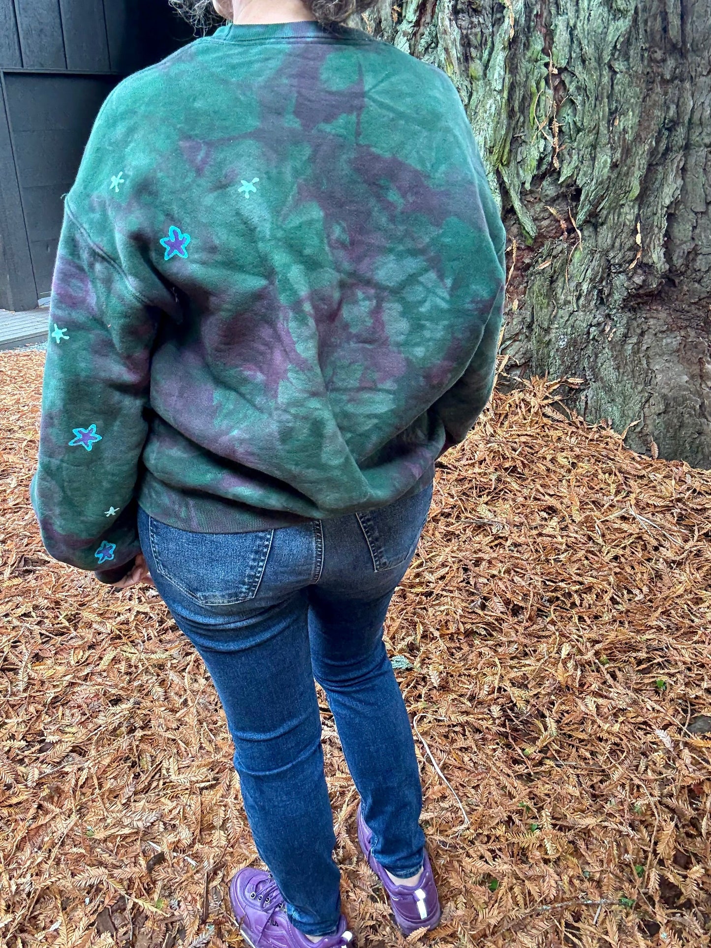 Teal Green and Purple Moon Puffy Crew Neck Sweatshirt Batikwalla by Victoria