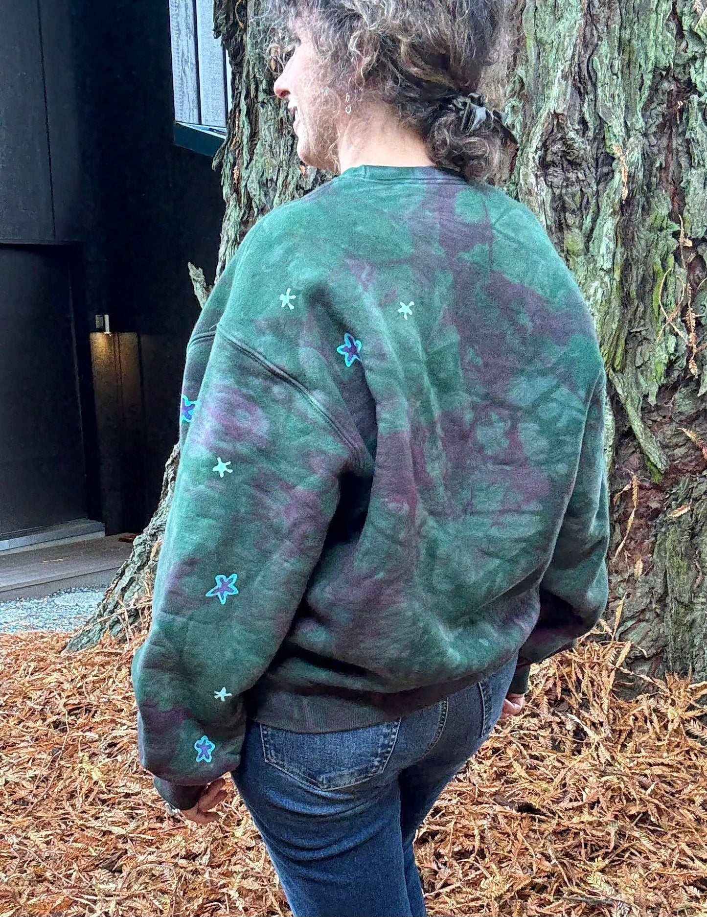 Teal Green and Purple Moon Puffy Crew Neck Sweatshirt Batikwalla by Victoria