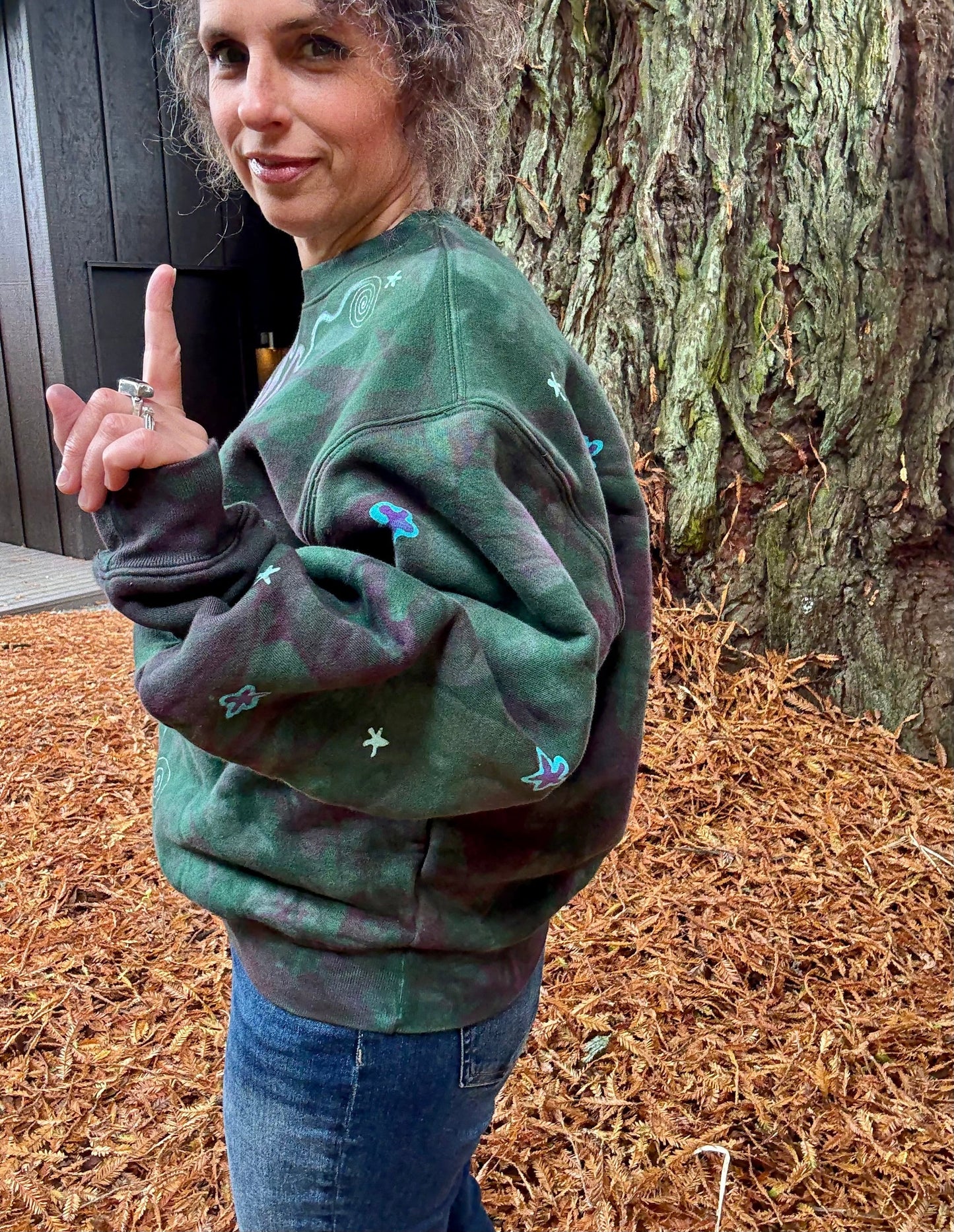 Teal Green and Purple Moon Puffy Crew Neck Sweatshirt Batikwalla by Victoria