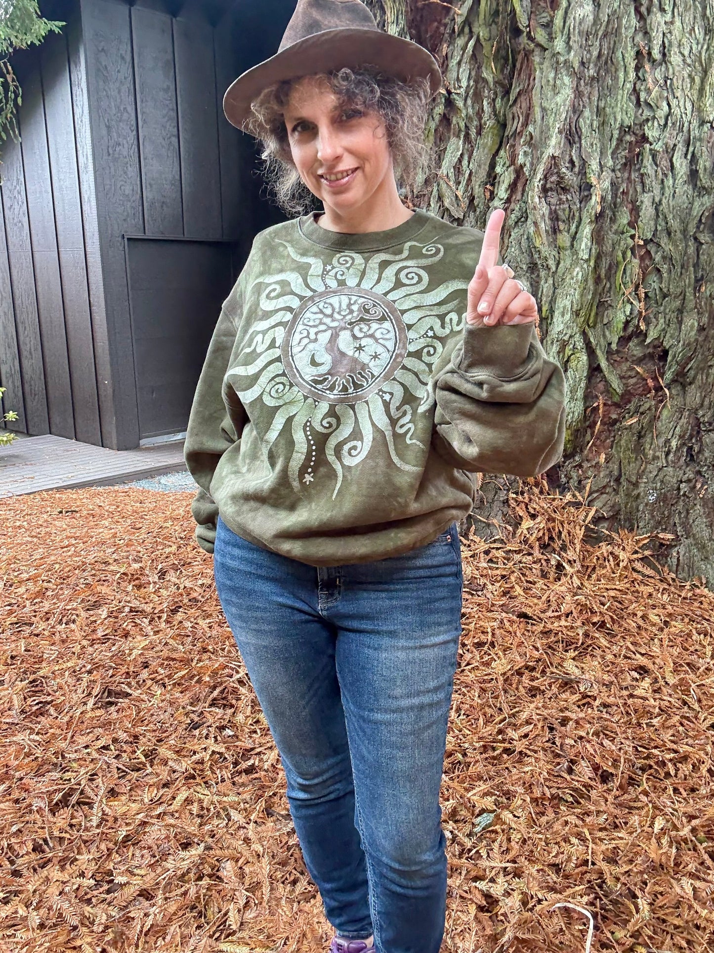 Olive Tree of Life Puffy Batik Crewneck Sweatshirt – Hand-Painted Boho Pullover Batikwalla by Victoria