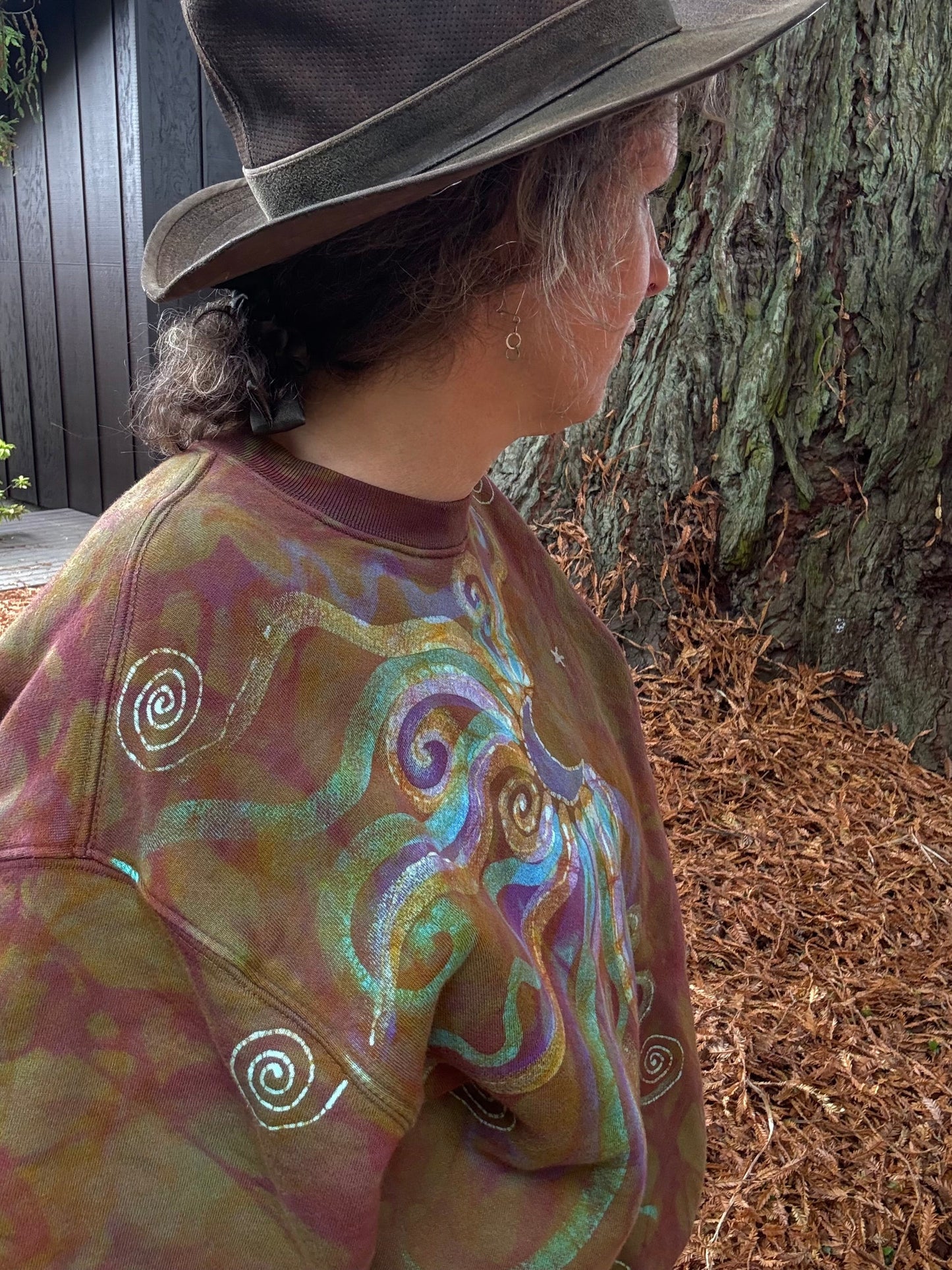 Celestial Flow Puffy Batik Crewneck – Hand-Painted Copper, Turquoise & Purple Sweatshirt Batikwalla by Victoria