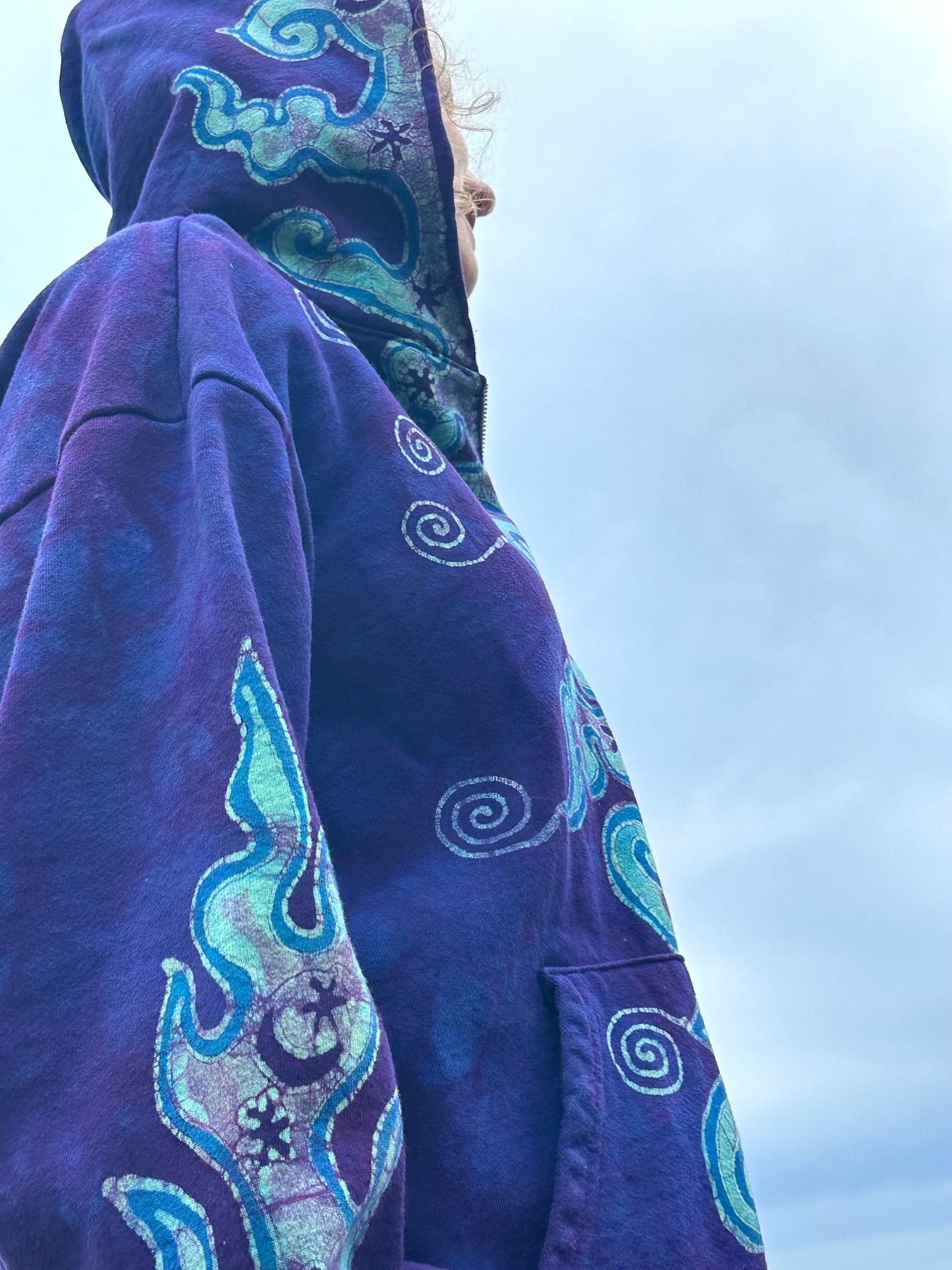 Swell Swirls in Purple Waves Handcrafted Batik Zipper Hoodie - Unisex Size XL hoodie batikwalla