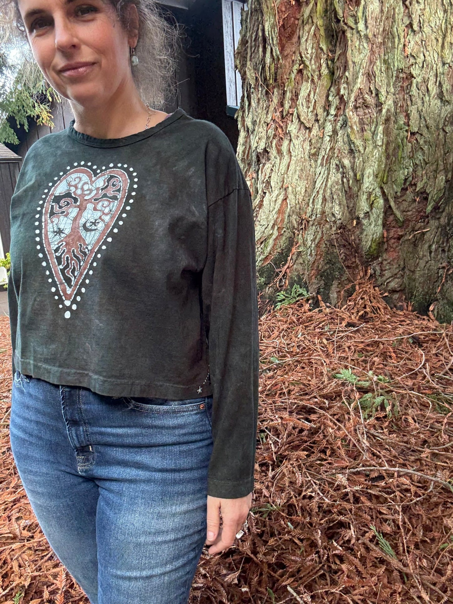 Forest Green Heart Tree Batik Long Sleeve Batik T-Shirt Batikwalla by Victoria