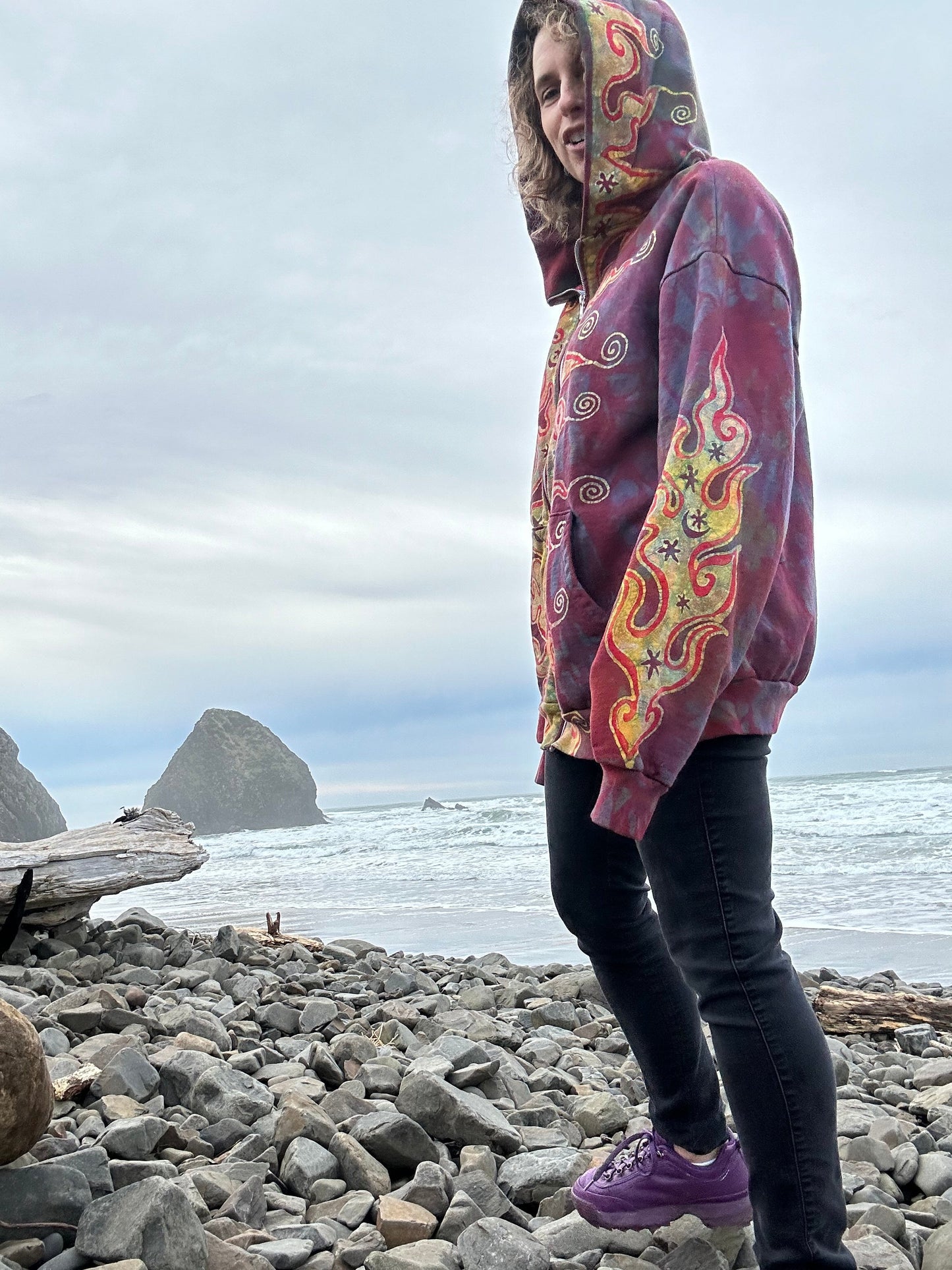 Driftwood Bonfire Handcrafted Batik Zipper Hoodie - Size Small hoodie batikwalla