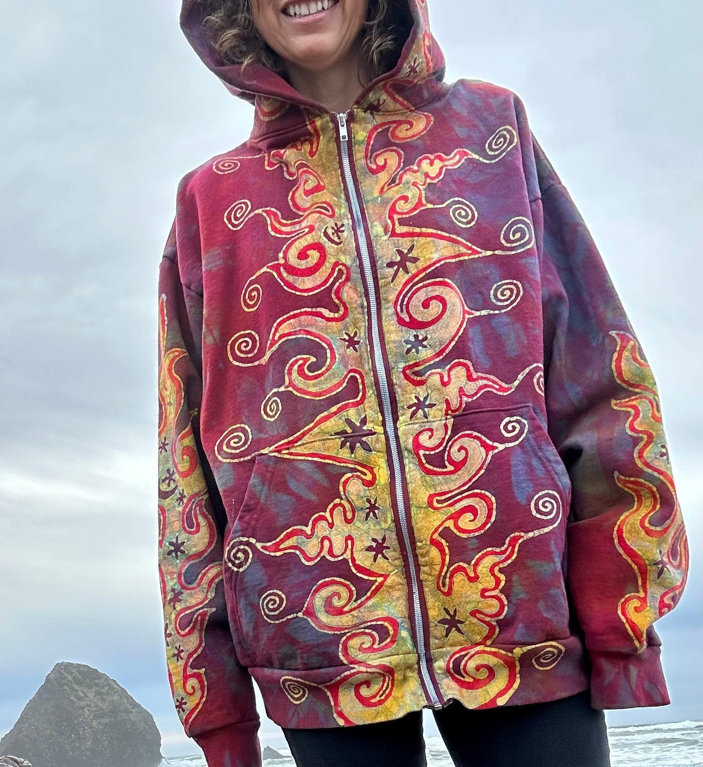 Driftwood Bonfire Handcrafted Batik Zipper Hoodie - Size Small hoodie batikwalla