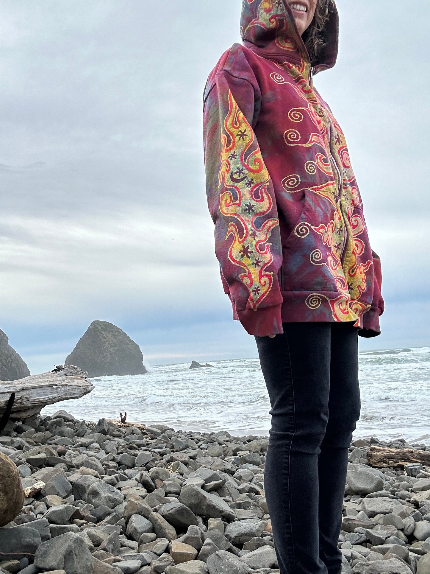 Driftwood Bonfire Handcrafted Batik Zipper Hoodie - Size Medium hoodie batikwalla