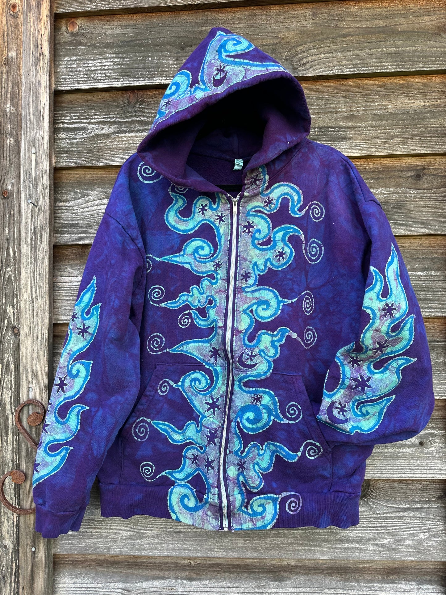 Swell Swirls in Purple Waves Handcrafted Batik Zipper Hoodie - Unisex Size XL hoodie batikwalla