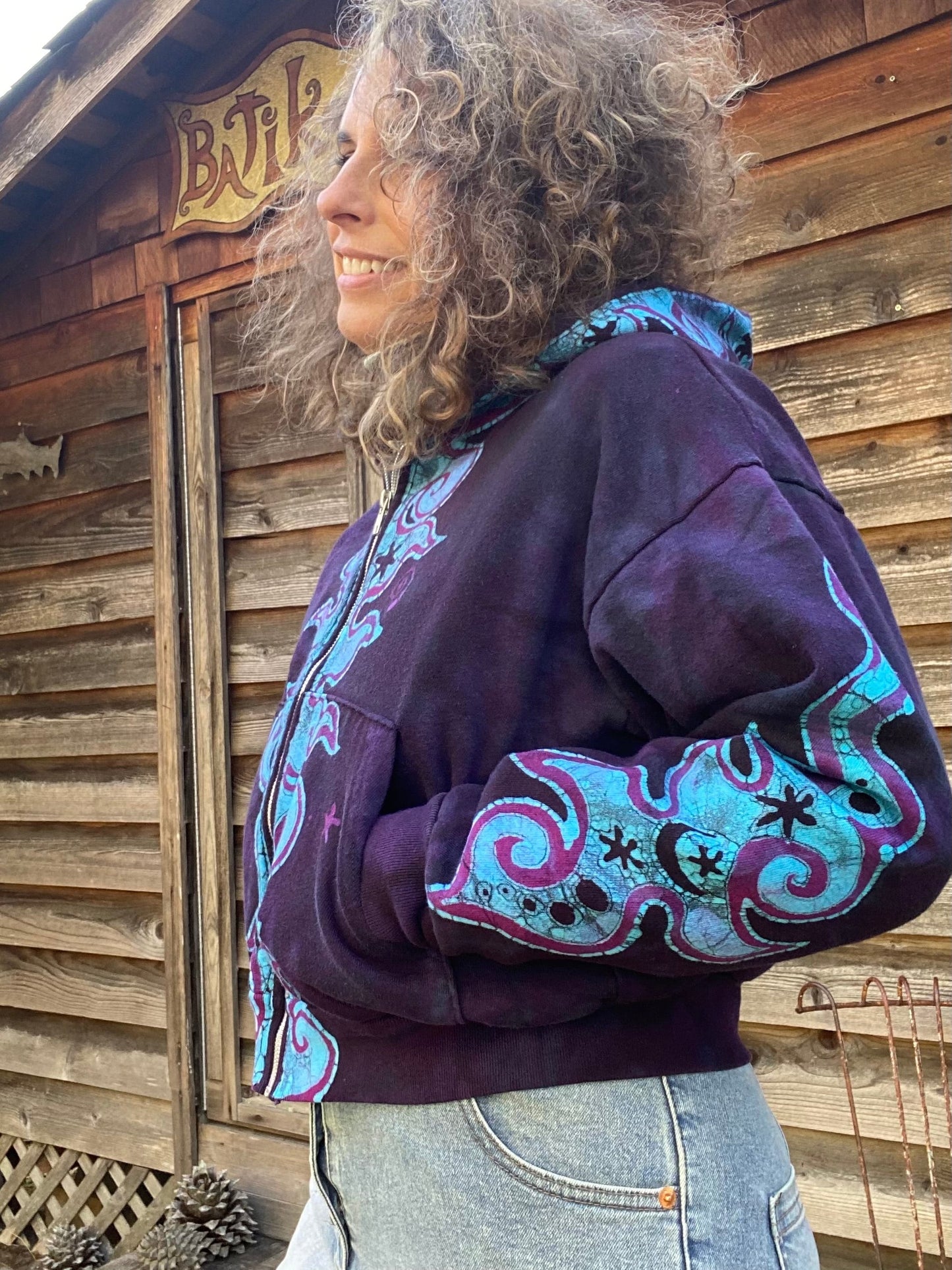 Midnight Purple with Turquoise Flames Handmade Batik Hoodie - 2X Unisex hoodie batikwalla