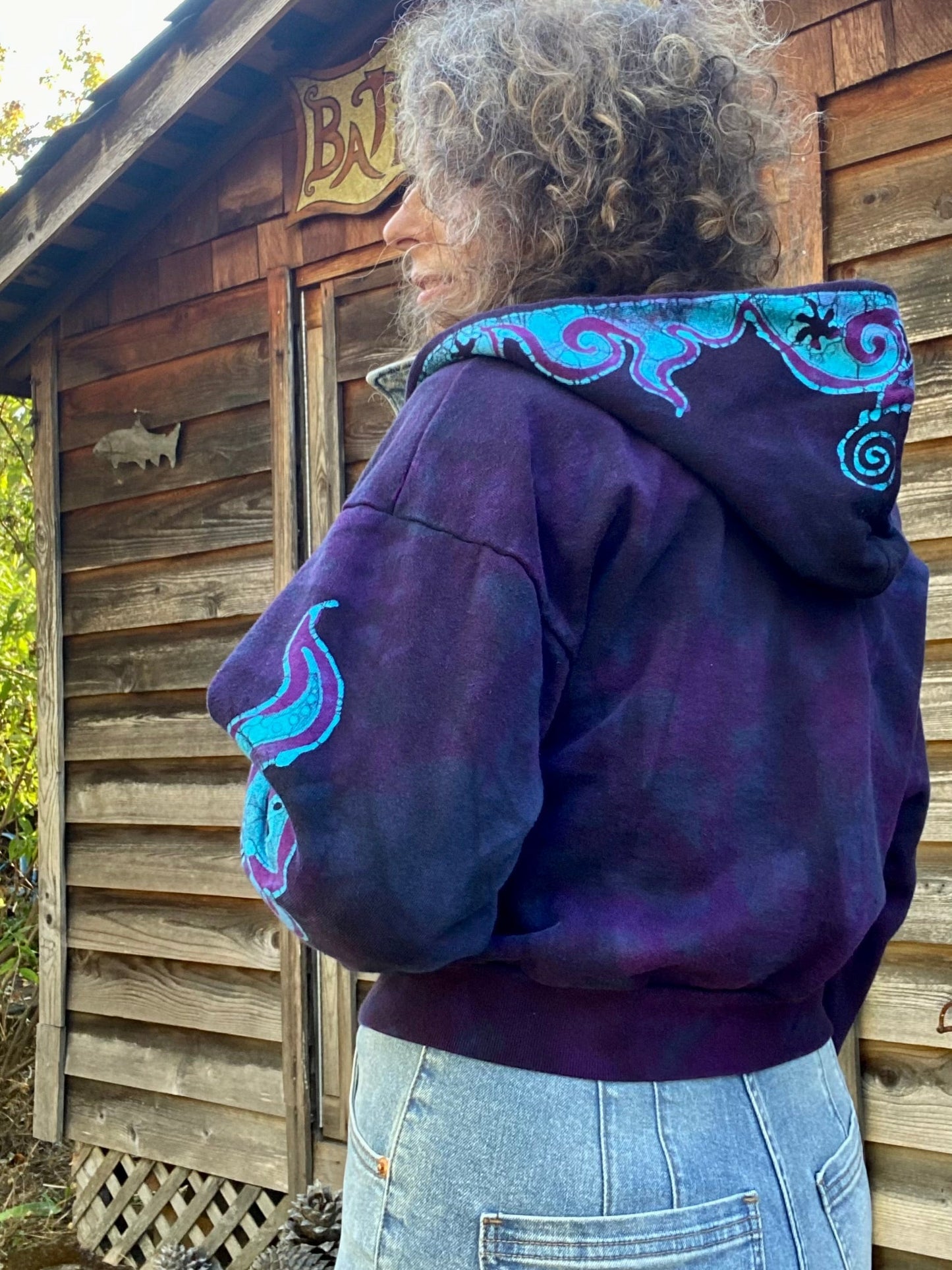 Midnight Purple with Turquoise Flames Handmade Batik Hoodie - 2X Unisex hoodie batikwalla