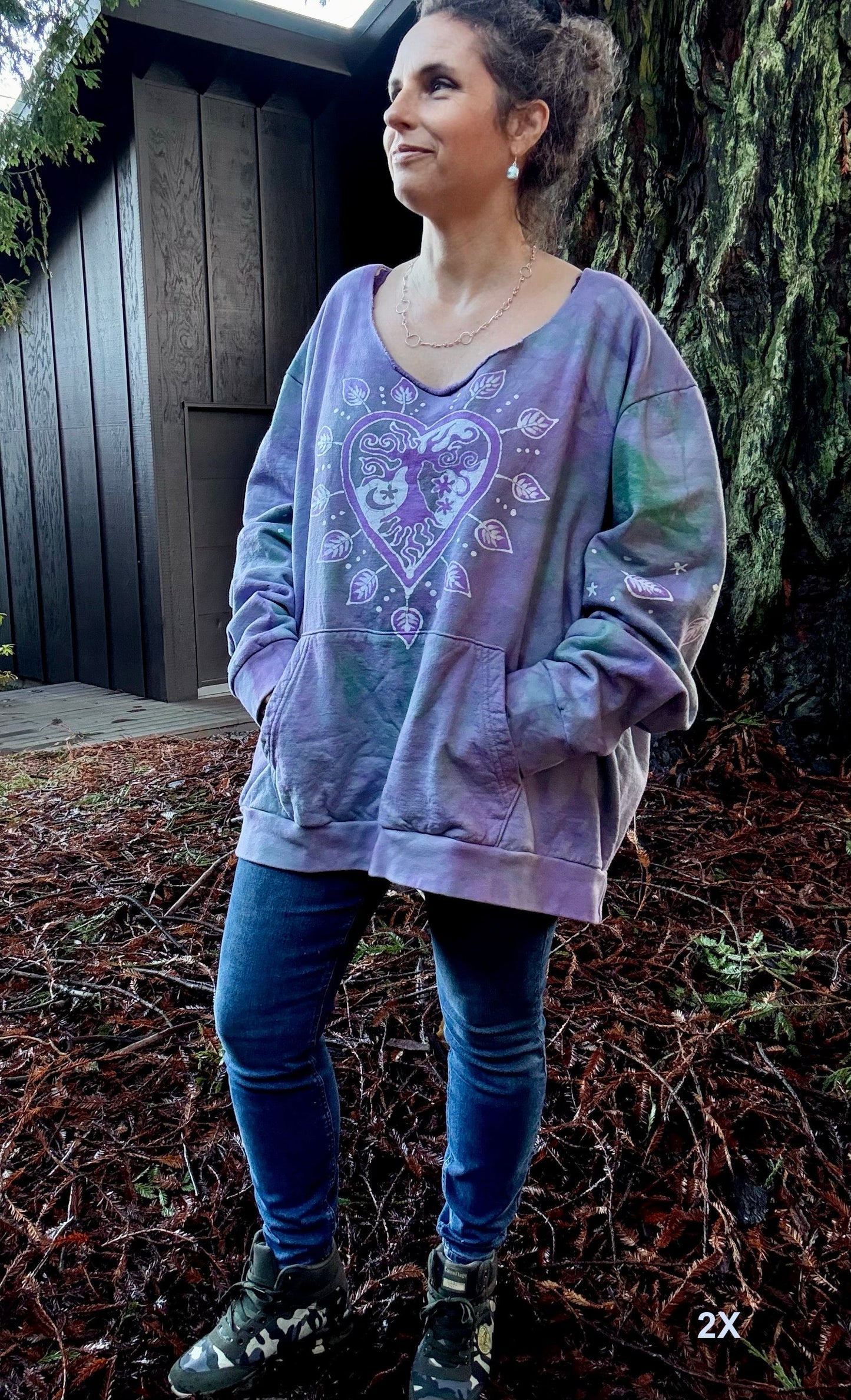 Sweetheart Tree Long Sleeve Cozy Shirt – Hand-Painted in Light Teal and Lavender Shirts & Tops Batikwalla by Victoria XXL