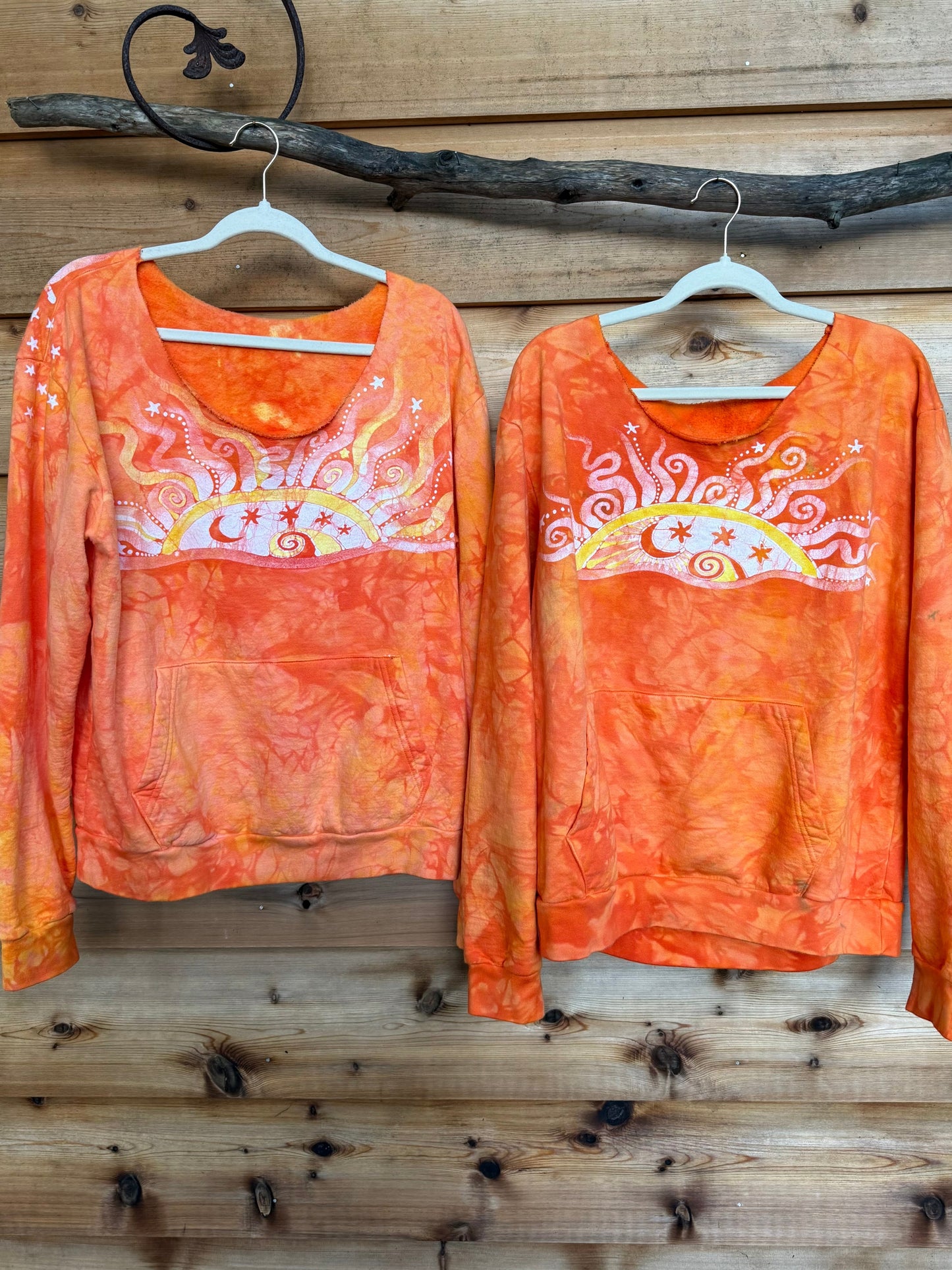 Safety Orange Wavy Horizon Open Neckline Batik Sweatshirt – Hand-Painted Sunset & Star Design Batikwalla by Victoria