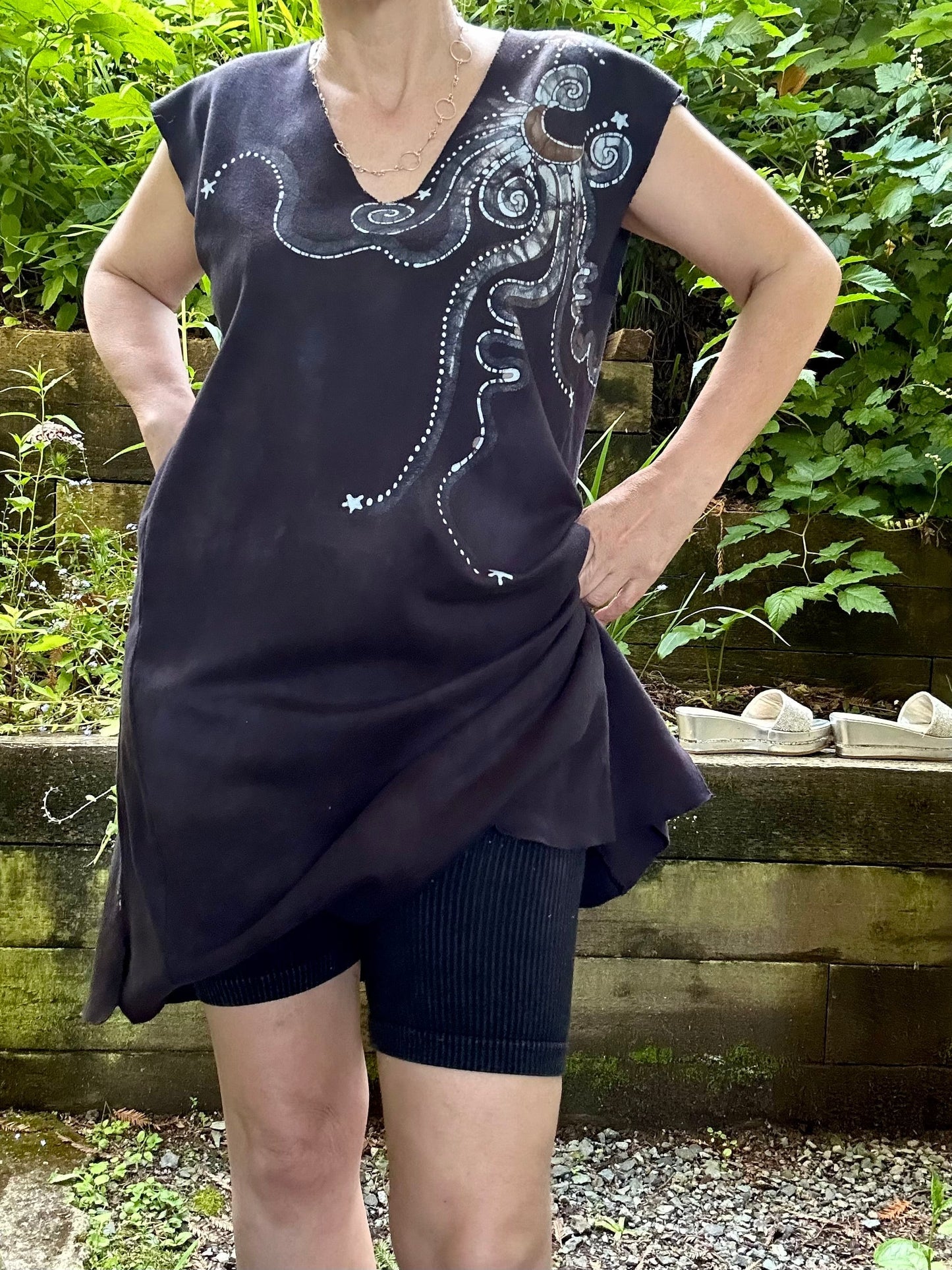 Daytime Dark Woods Organic Cotton Batik Dress Tunic Top - size Large Batik Dresses Batikwalla Large