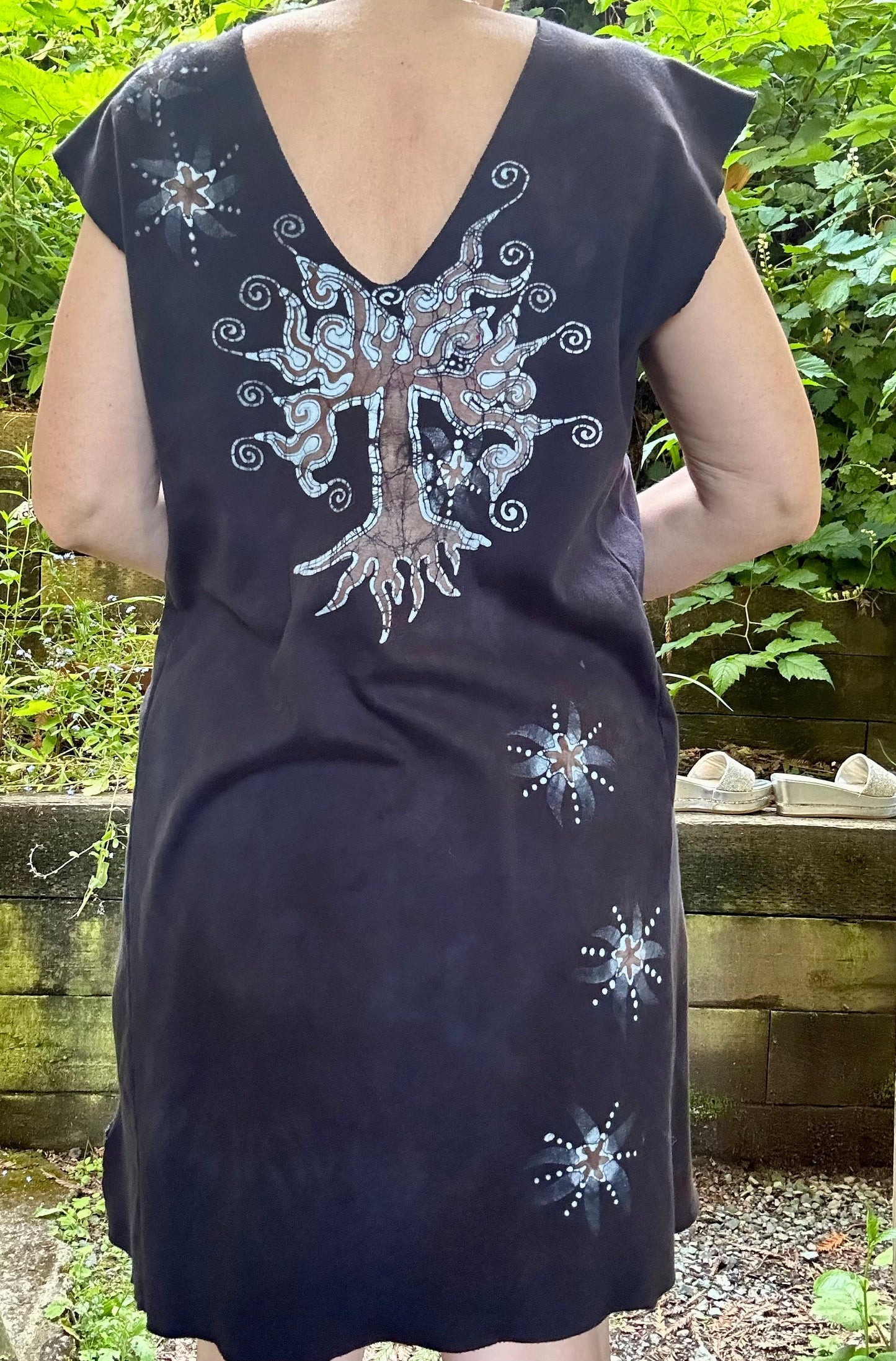 Daytime Dark Woods Organic Cotton Batik Dress Tunic Top - size Large Batik Dresses Batikwalla