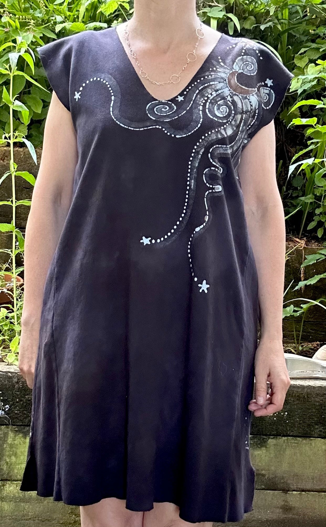 Daytime Dark Woods Organic Cotton Batik Dress Tunic Top - size Large Batik Dresses Batikwalla
