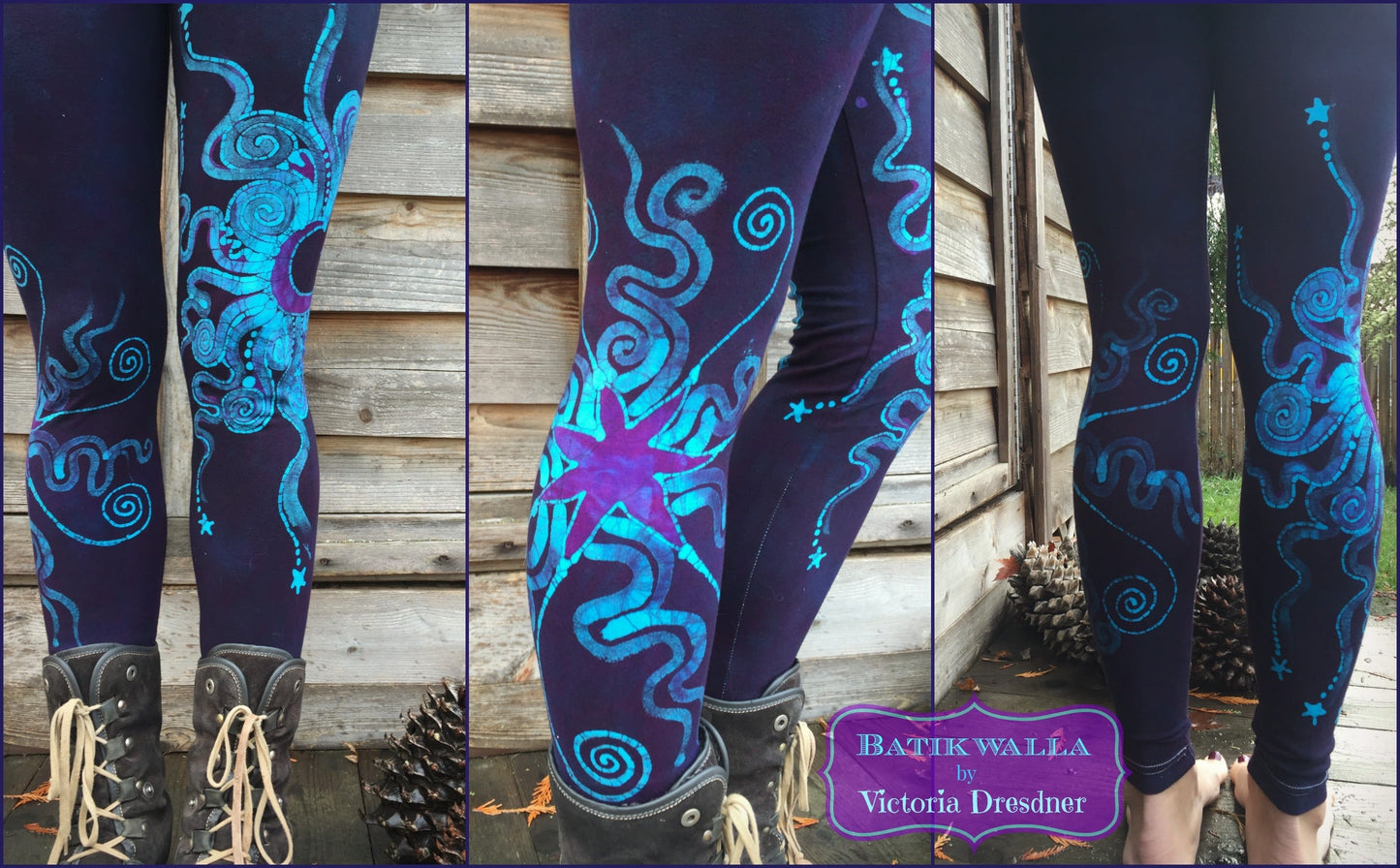Deep Purple and Turquoise Moon & Star Batik Leggings leggings batikwalla