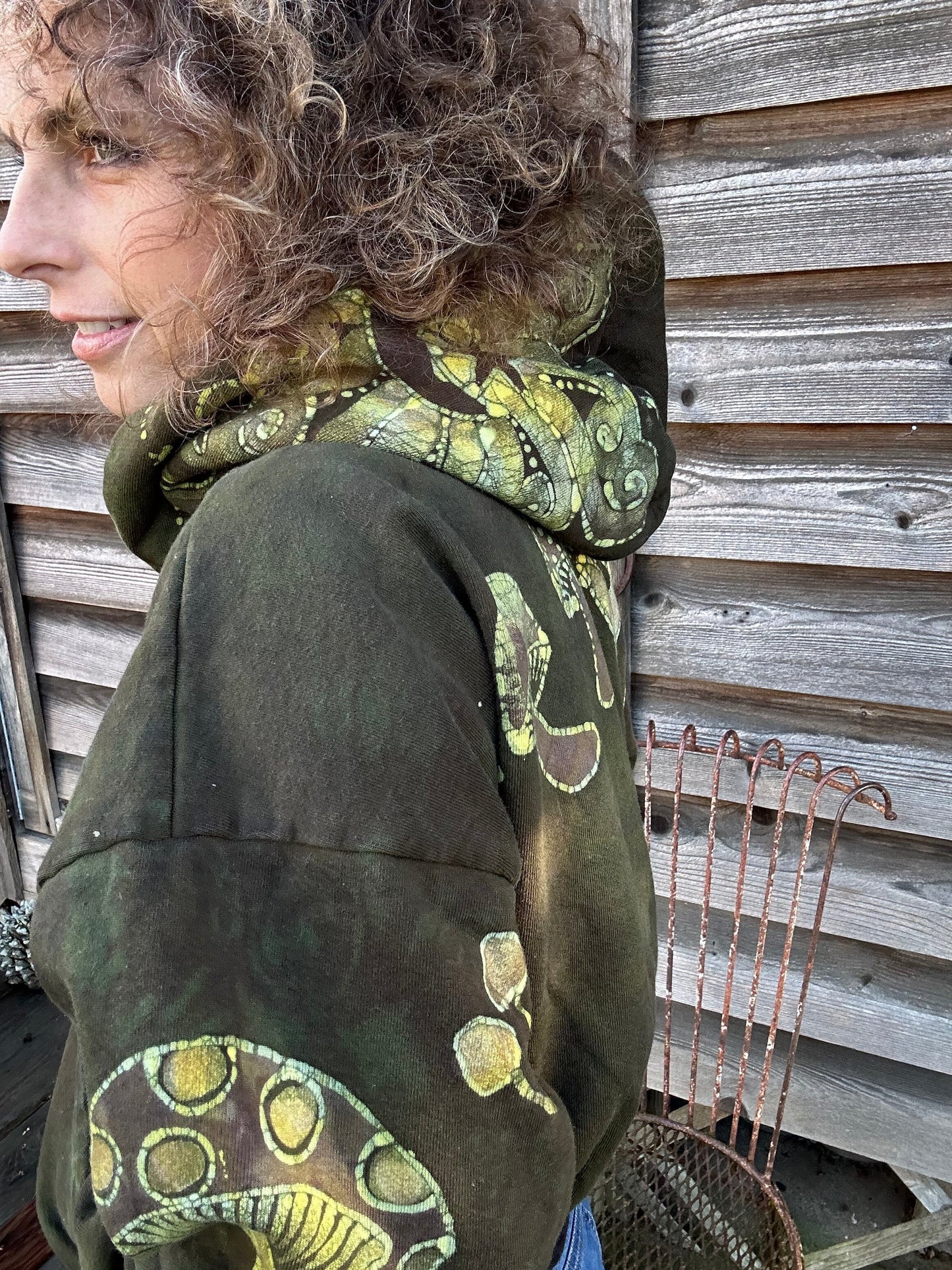 Olive Green Mushroom Hunter Batik Hoodie hoodie batikwalla