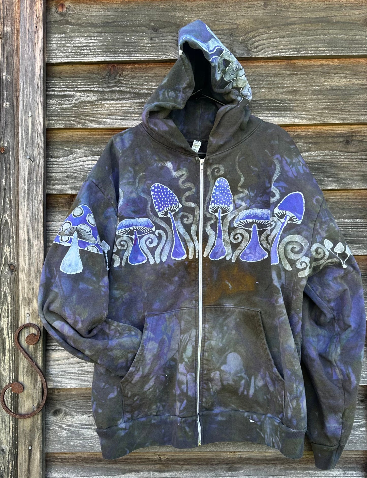 Purple Woodland Mushroom Hunter Handmade Batik Hoodie - 2X Unisex hoodie batikwalla 2X