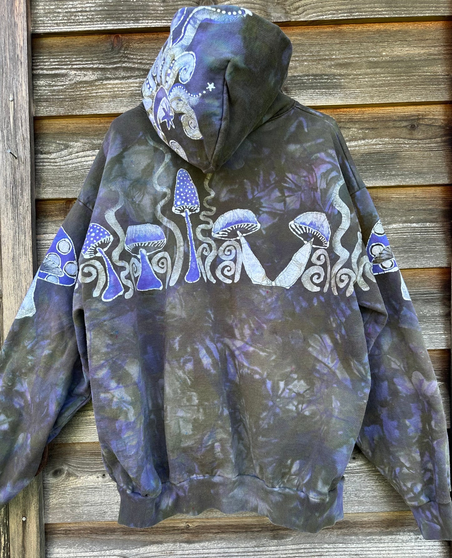 Purple Woodland Mushroom Hunter Handmade Batik Hoodie - 2X Unisex hoodie batikwalla