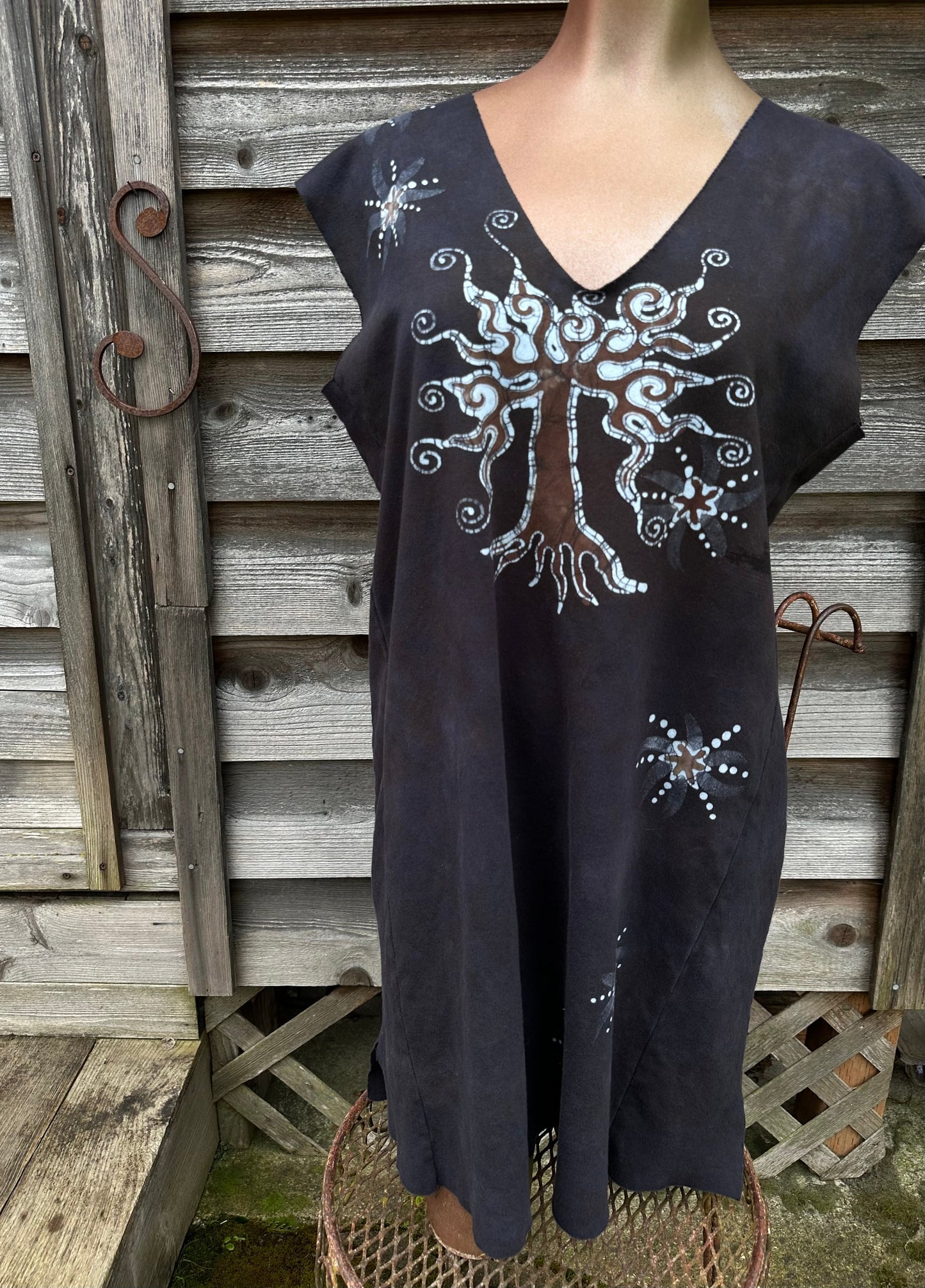 Daytime Dark Woods Organic Cotton Batik Dress Tunic Top - size Large Batik Dresses Batikwalla