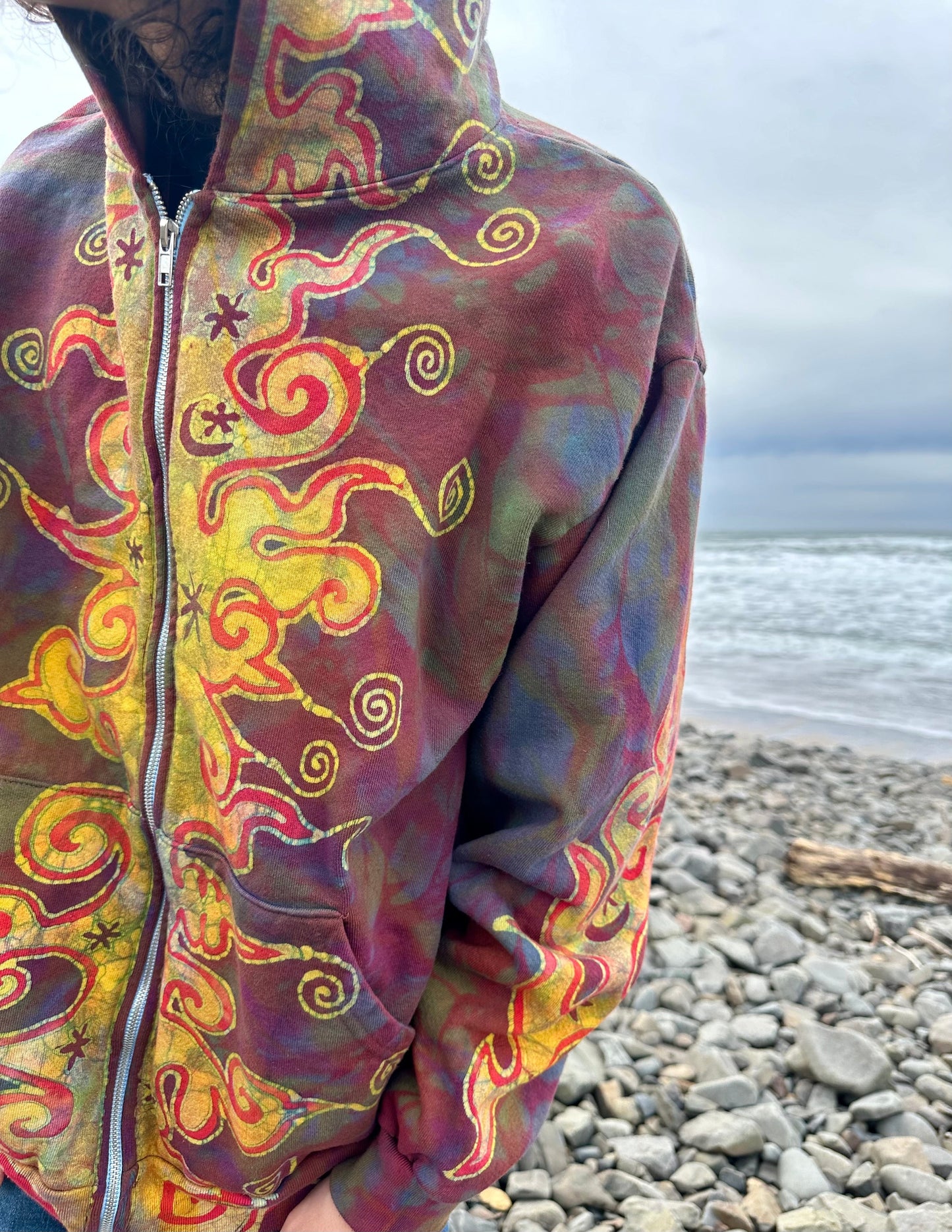 Driftwood Bonfire Swirls Handcrafted Batik Zipper Hoodie - Unisex Size Large hoodie batikwalla
