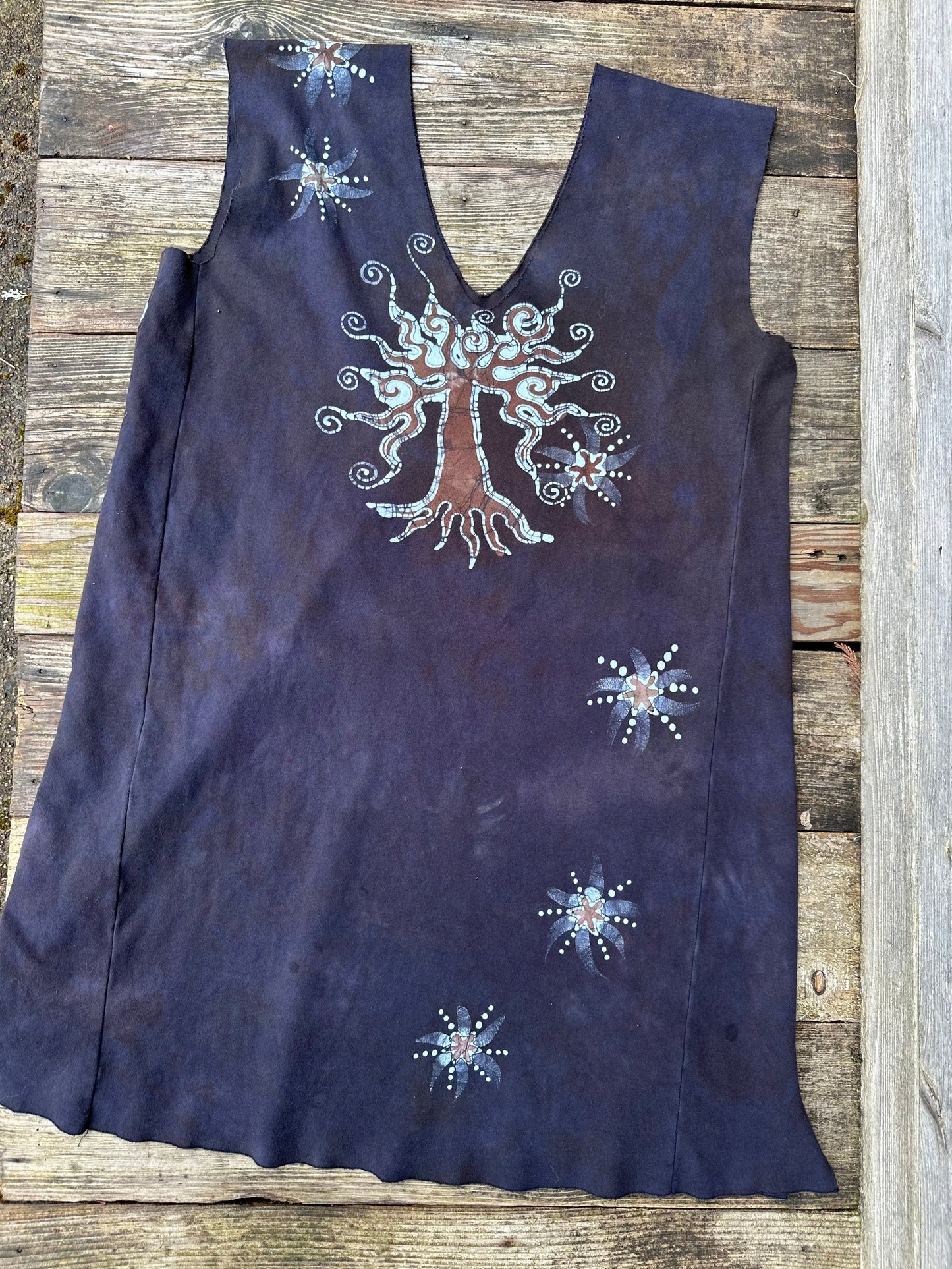 Daytime Dark Woods Organic Cotton Batik Dress Tunic Top - size Large Batik Dresses Batikwalla
