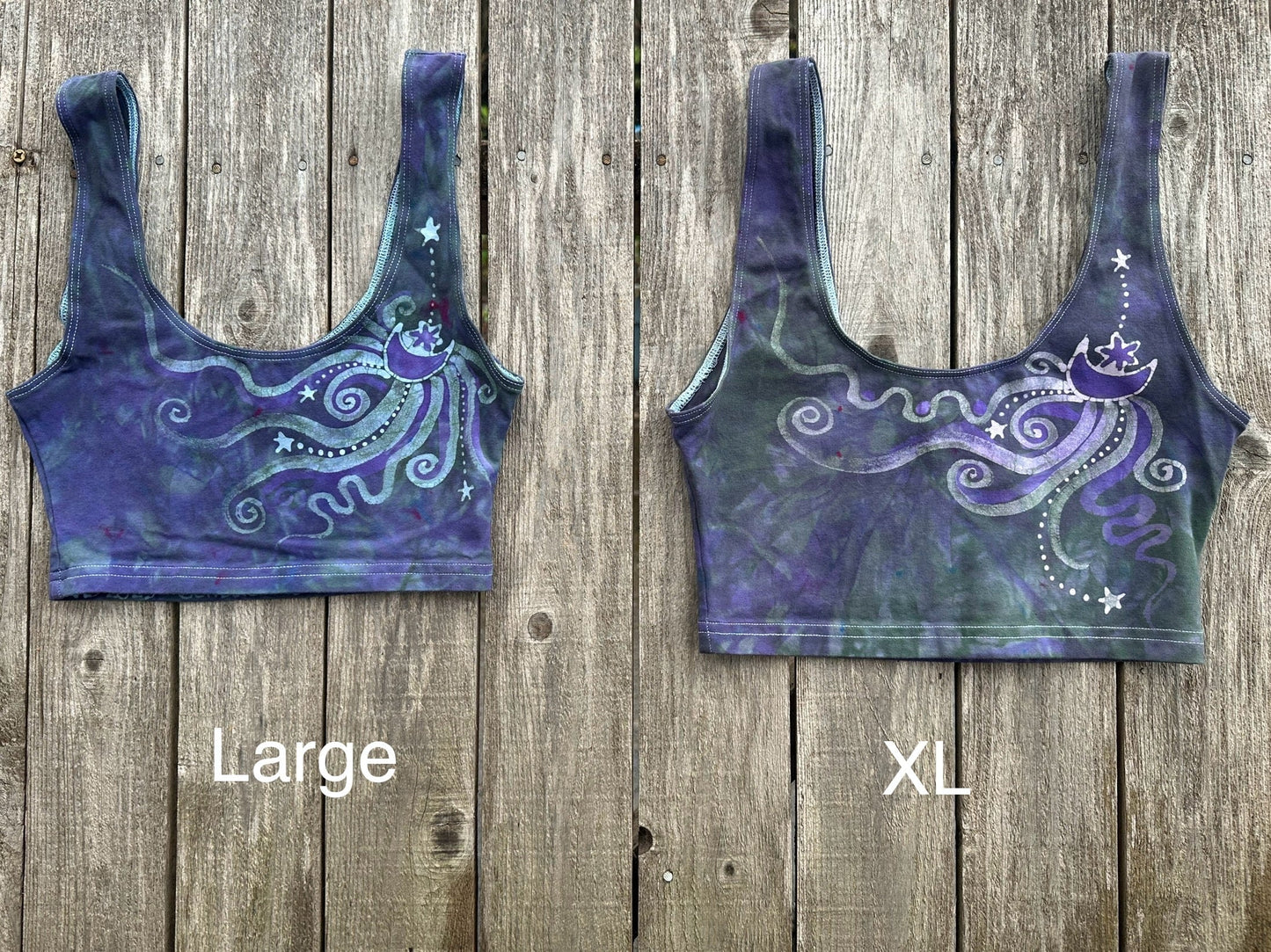 Teal and Purple Moonbeams with Stars Hand Painted Batik Sports Bra Tops batikwalla Large