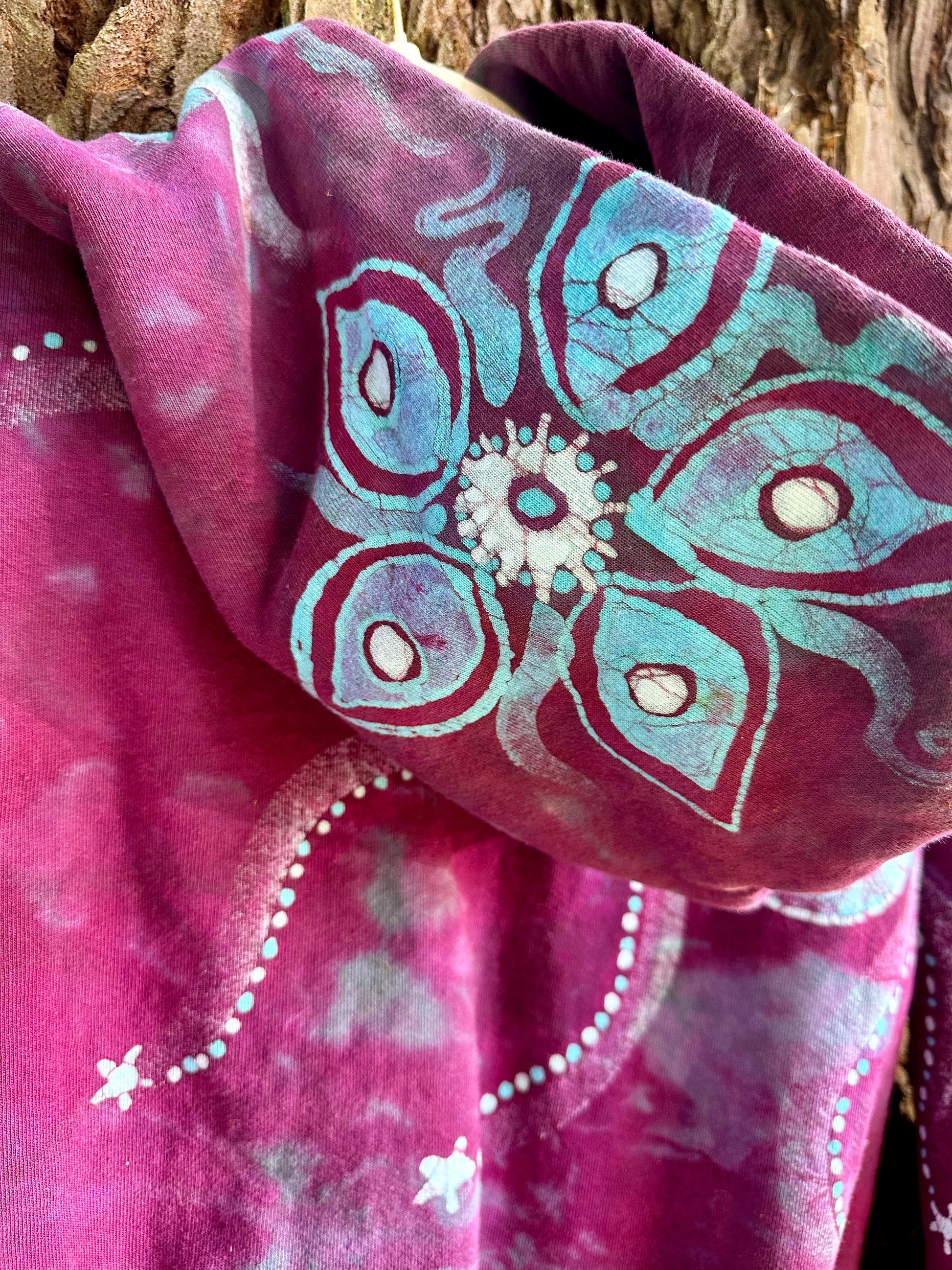 Pacific Bliss Lotus Flower Handmade Batik Hoodie - Turquoise Waves hoodie batikwalla