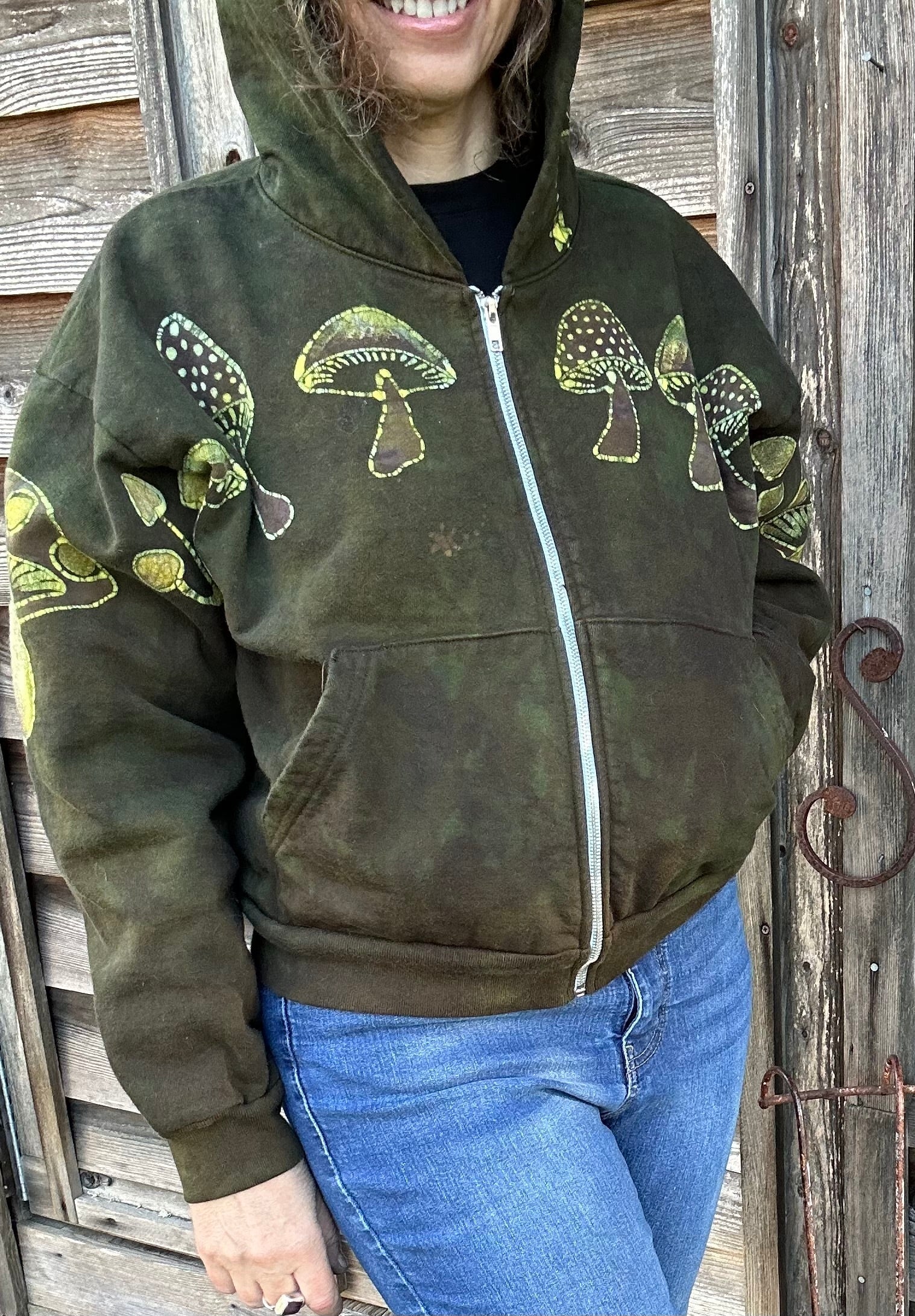 Olive Green Mushroom Hunter Batik Hoodie hoodie batikwalla