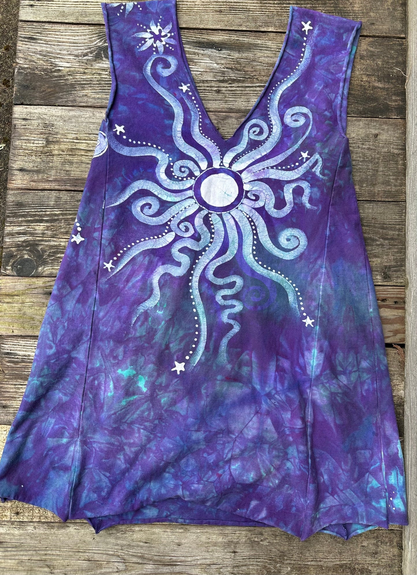 Purple and Teal Organic Cotton Batik Dress - size Large Batik Dresses Batikwalla
