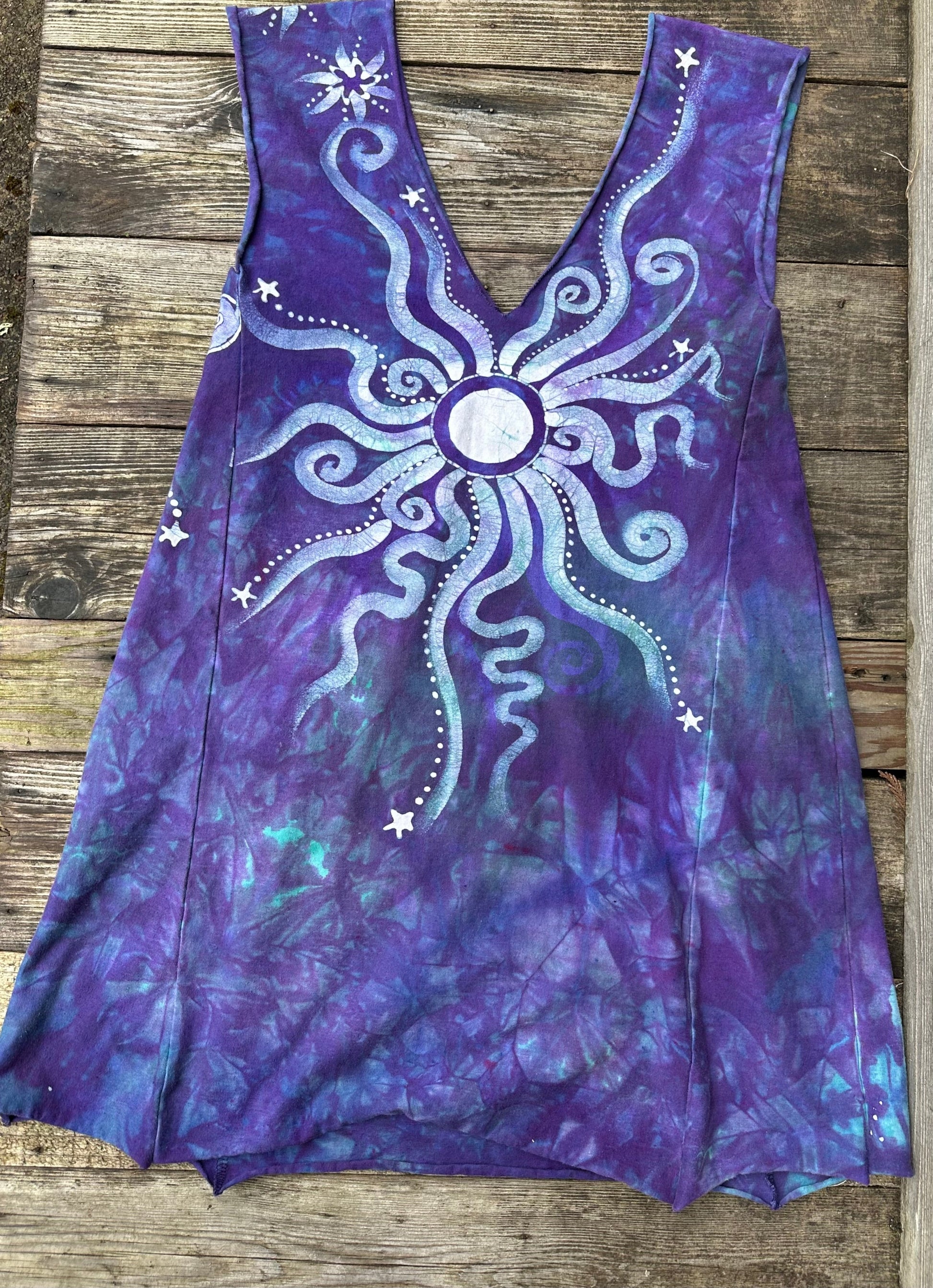 Purple and Teal Organic Cotton Batik Dress - size Large Batik Dresses Batikwalla