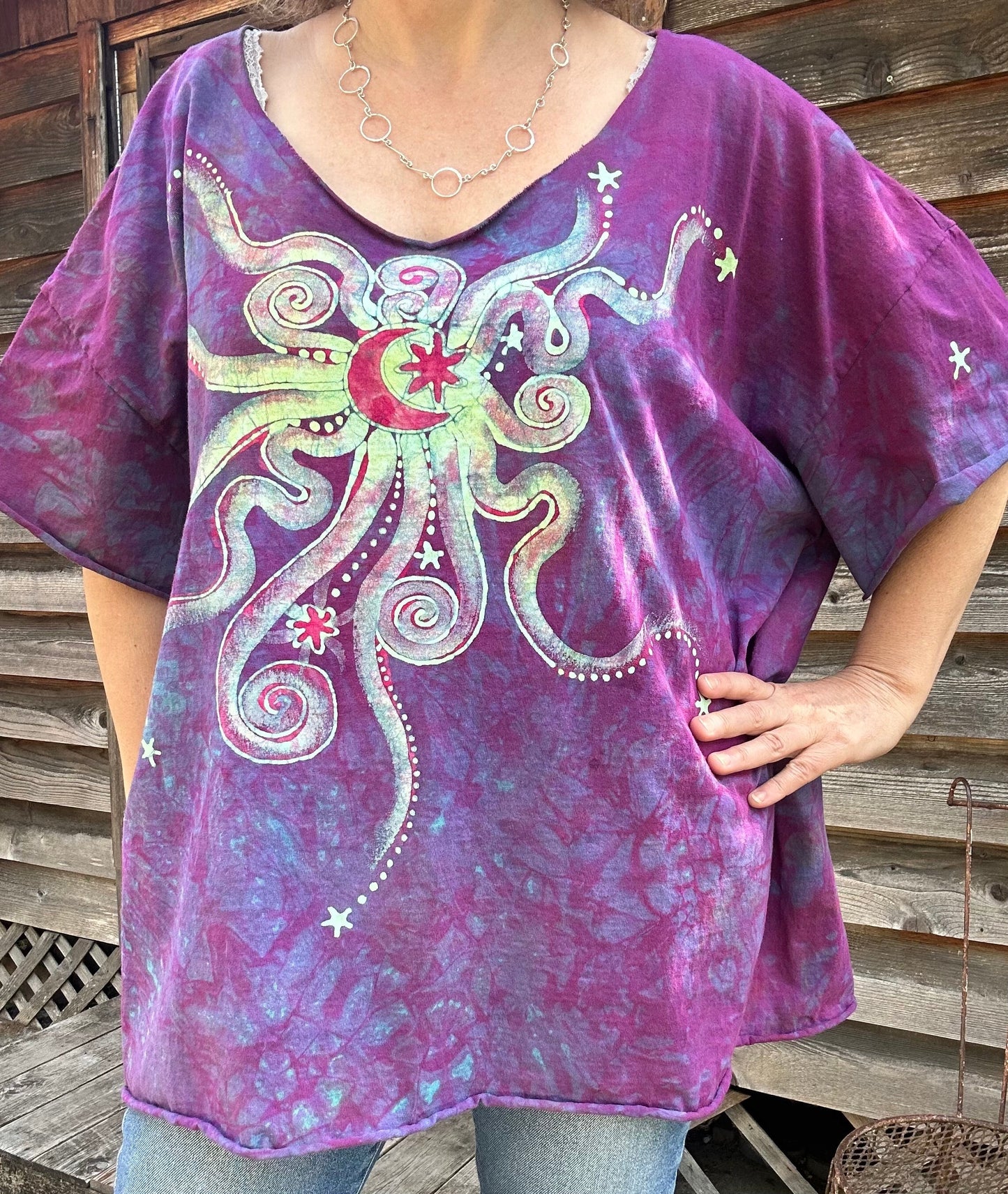 Sunrise Sunset Batik Cotton Cropped Crew Tee - Size 2X and 3X Shirts & Tops Batikwalla by Victoria 3X