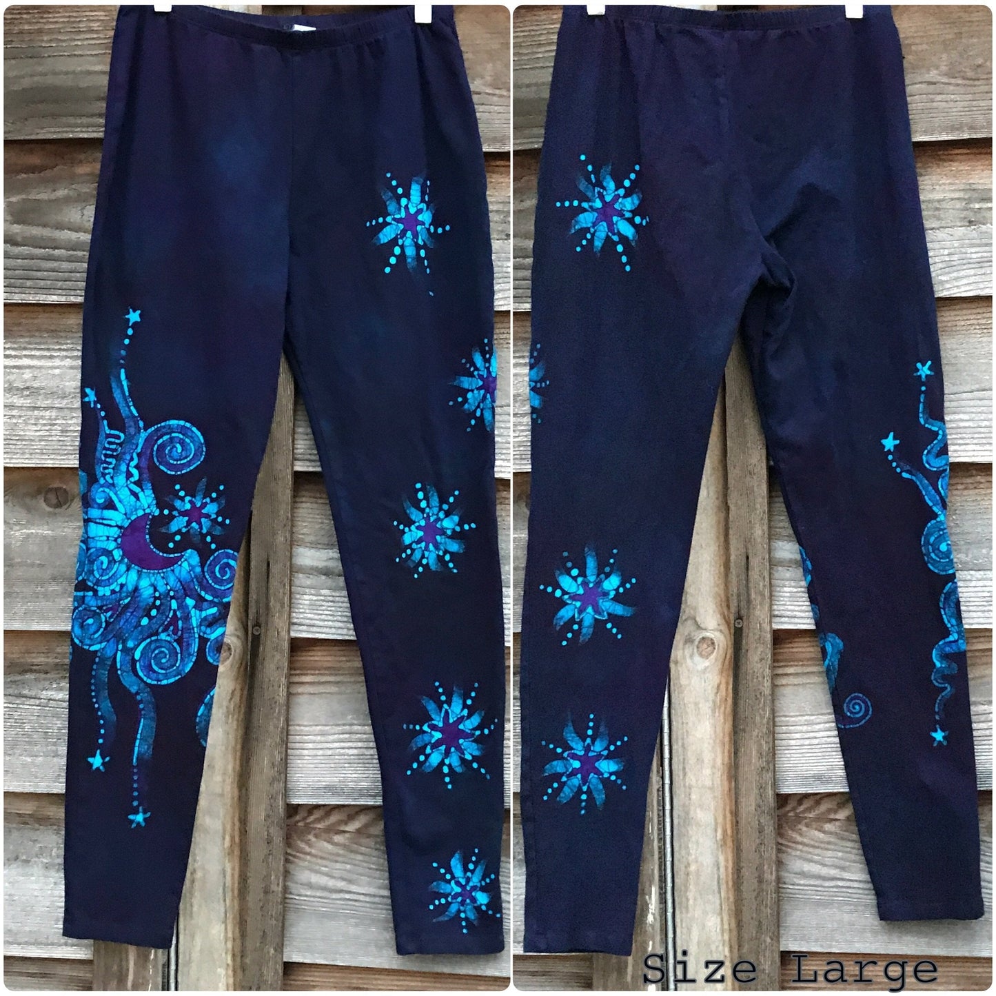 Deep Purple and Turquoise Moon & Star Batik Size XL Leggings leggings batikwalla
