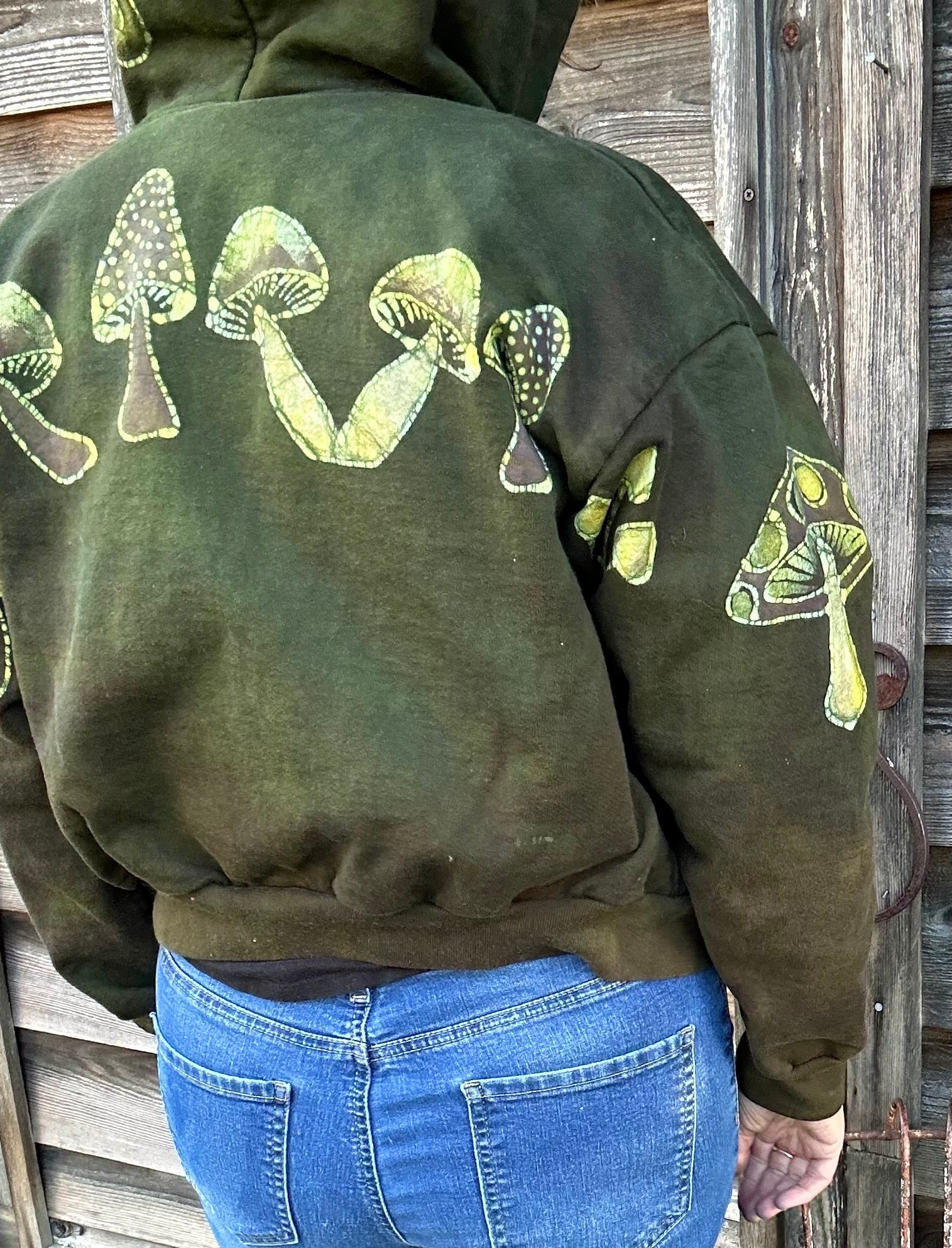 Olive Green Mushroom Hunter Batik Hoodie hoodie batikwalla