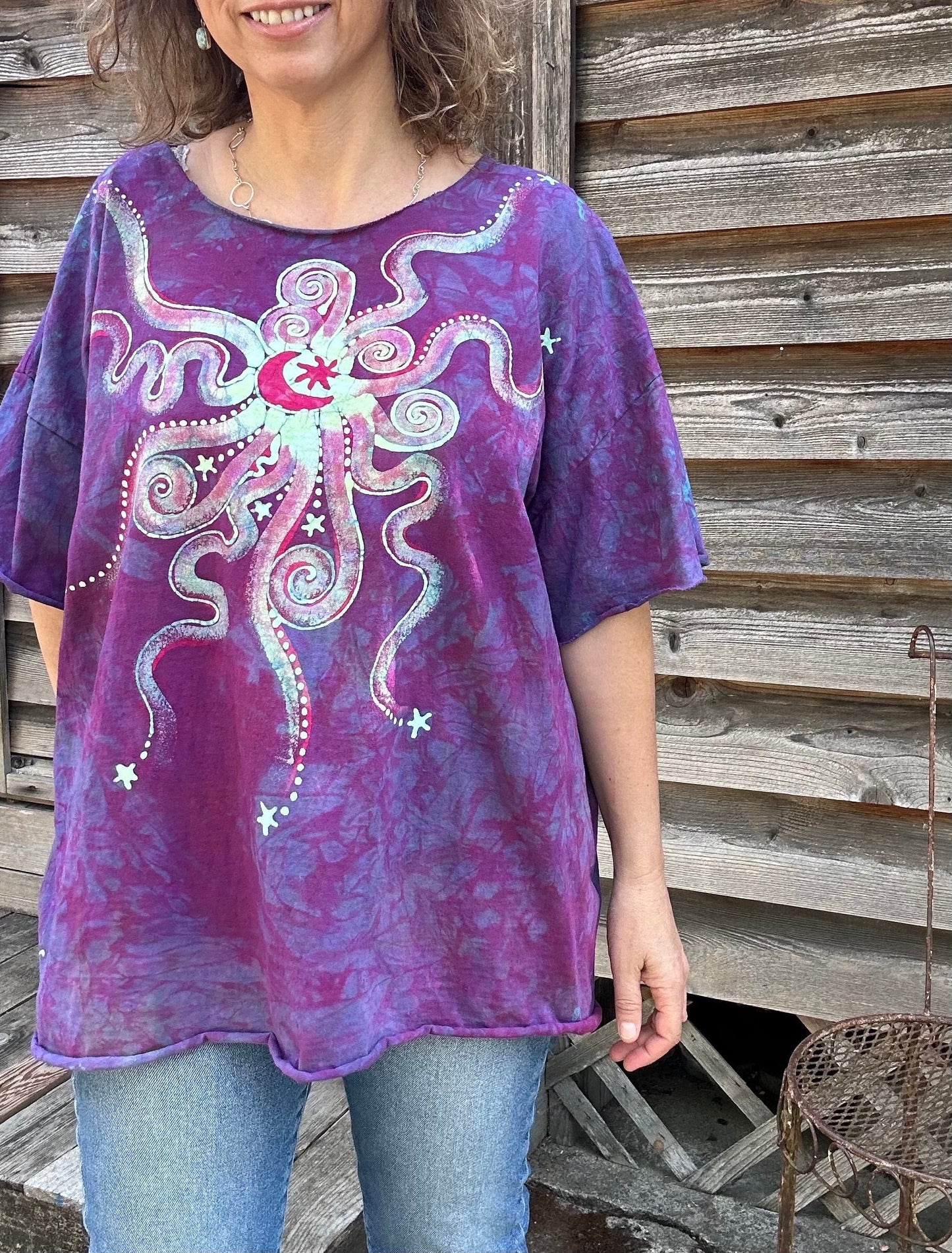Sunrise Sunset Batik Cotton Cropped Crew Tee - Size 2X and 3X Shirts & Tops Batikwalla by Victoria