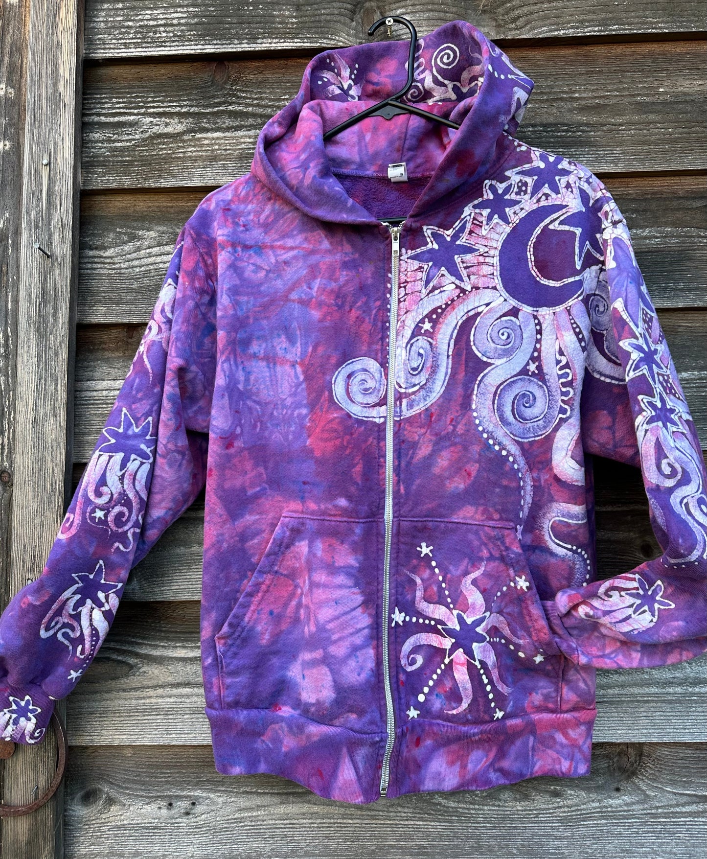 Brighten Up Pink Moonbeams Handcrafted Batik Zipper Hoodie - Unisex Size Small hoodie batikwalla